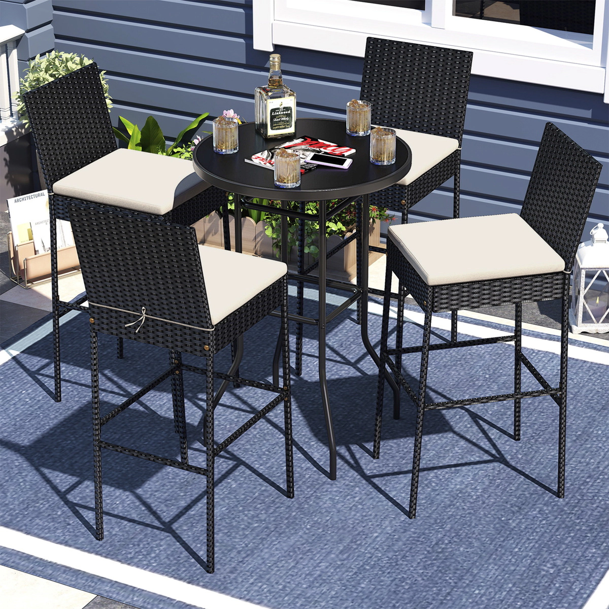 SUGIFT Set of 4 Black Outdoor Bar Stools, 30-Inch Seat, PE Rattan, Cushions