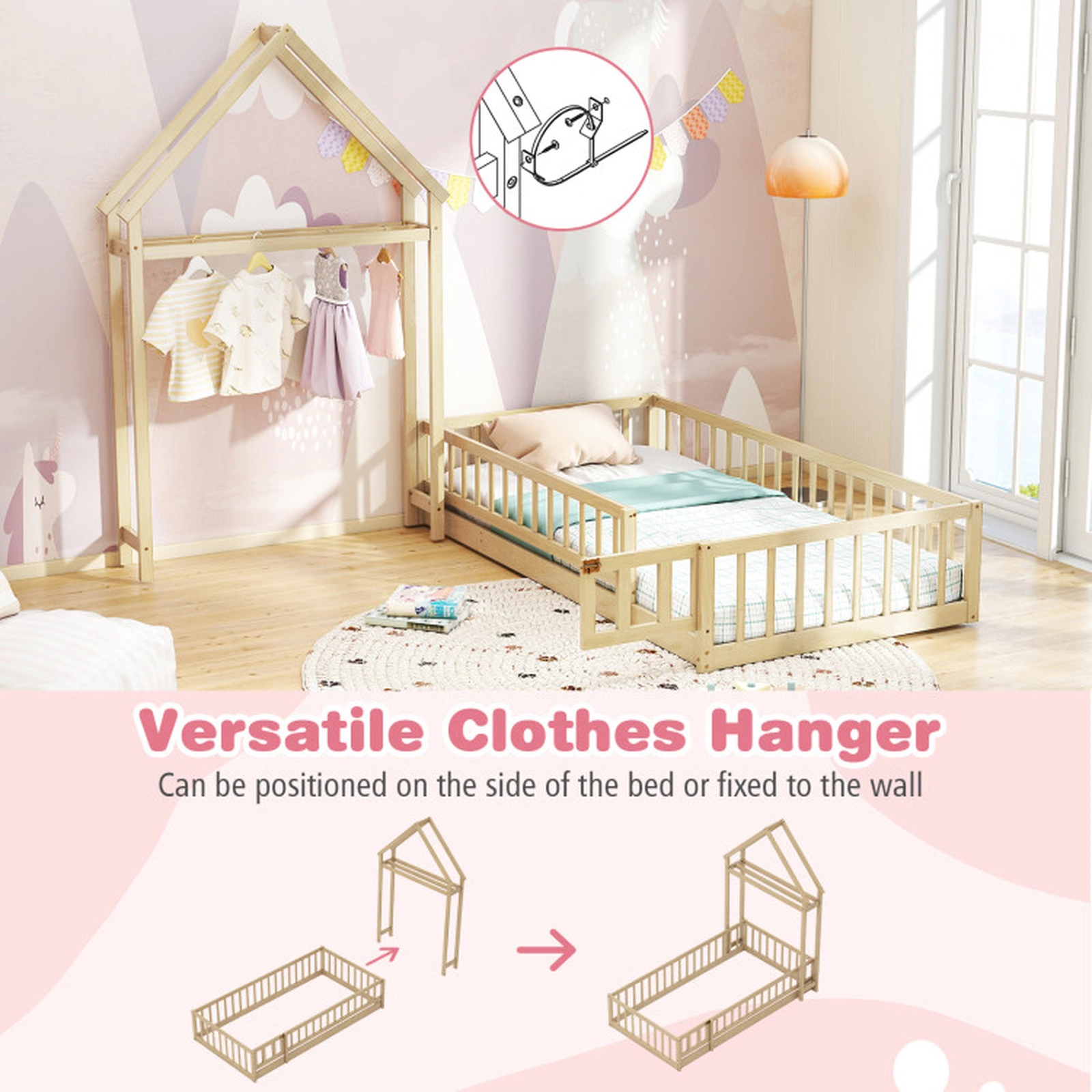 SUGIFT Kids Twin Size House-Shaped Headboard Fence Rails Floor Bed 78-in x 48.5-in x 74-in Fits 6-in Mattress Natural