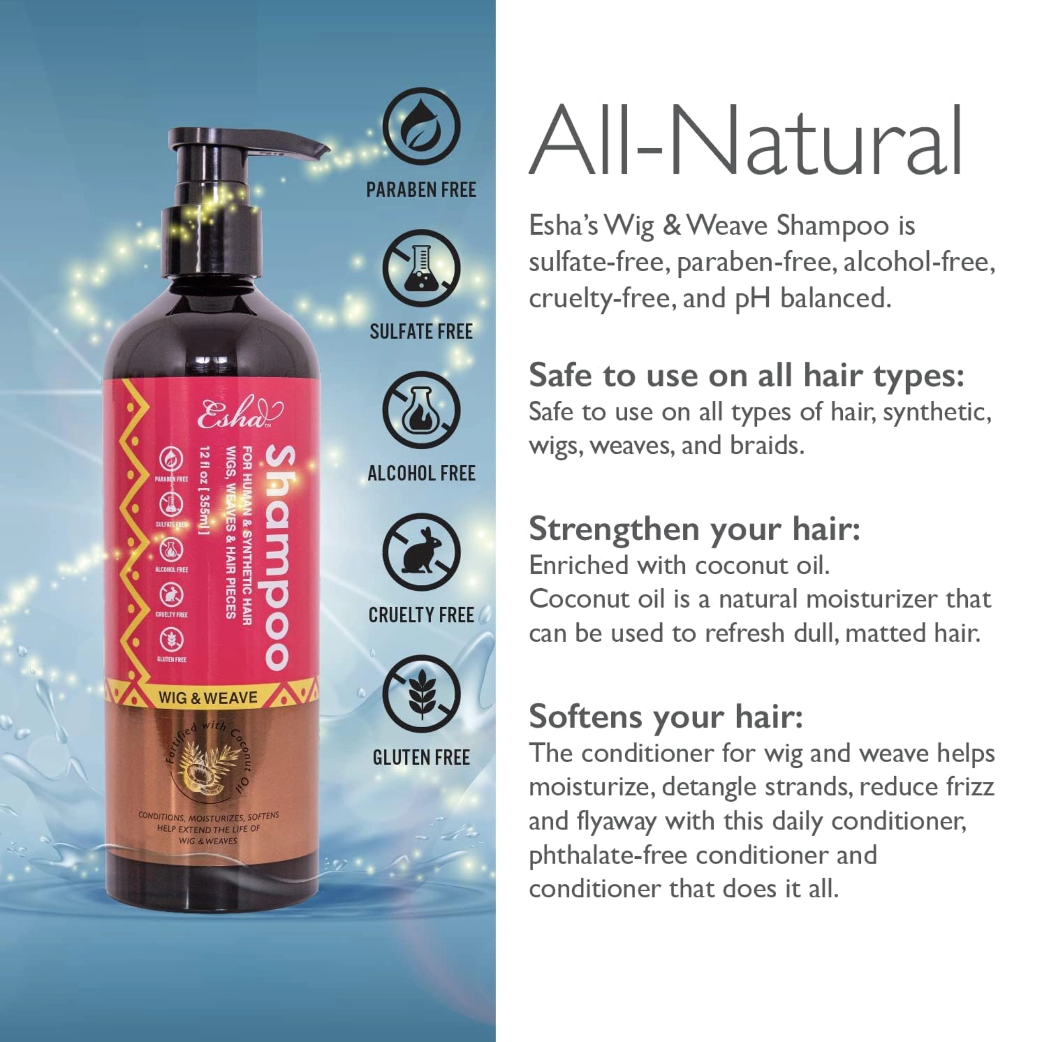 Esha Unisex  Sulfate-Free, pH-Balanced for Human and Synthetic Hairpieces Wig & Weave Detangling Shampoo