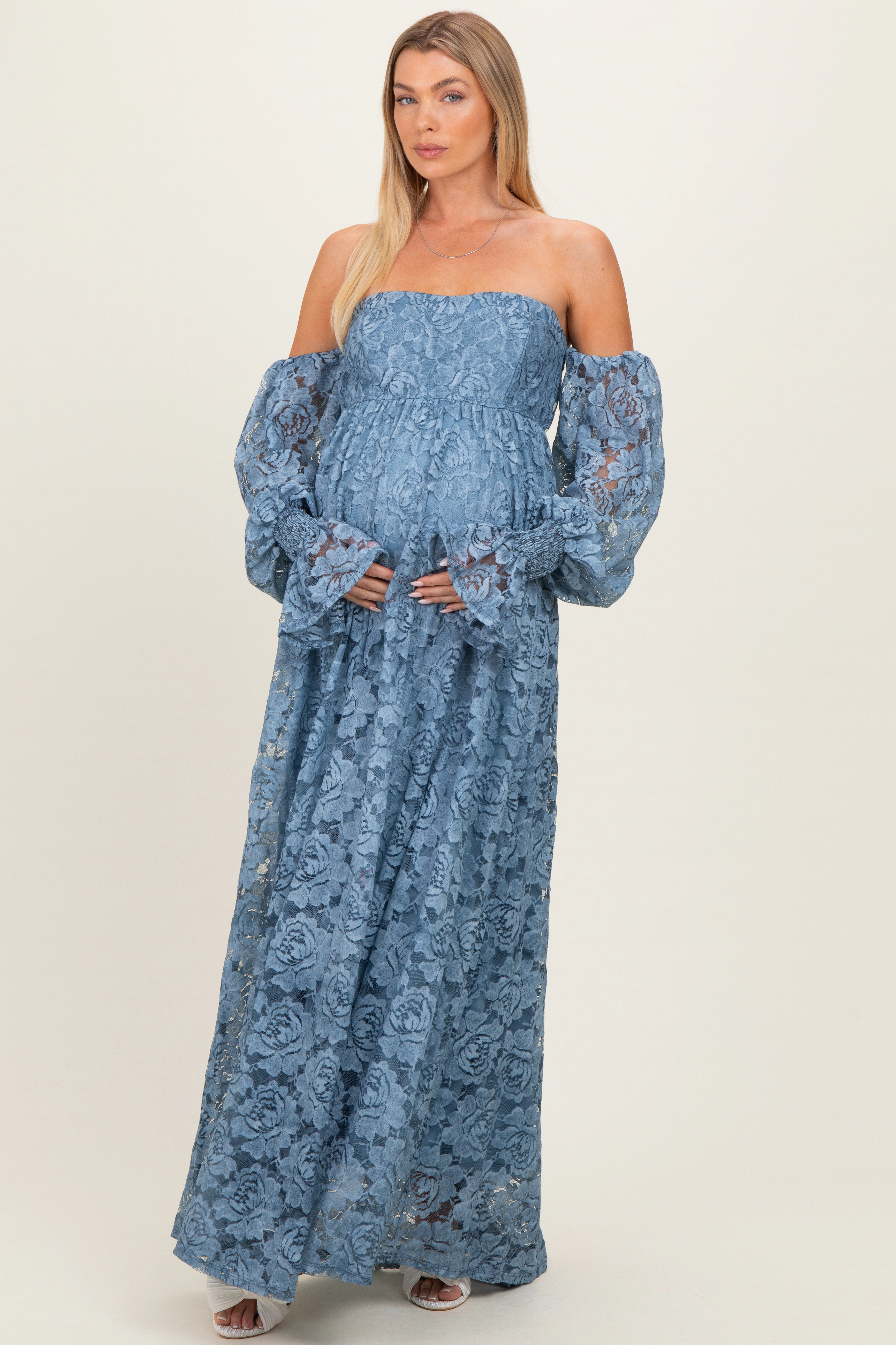 PinkBlush Womens Blue Lace Off Shoulder Long Sleeve Maternity Maxi Dress