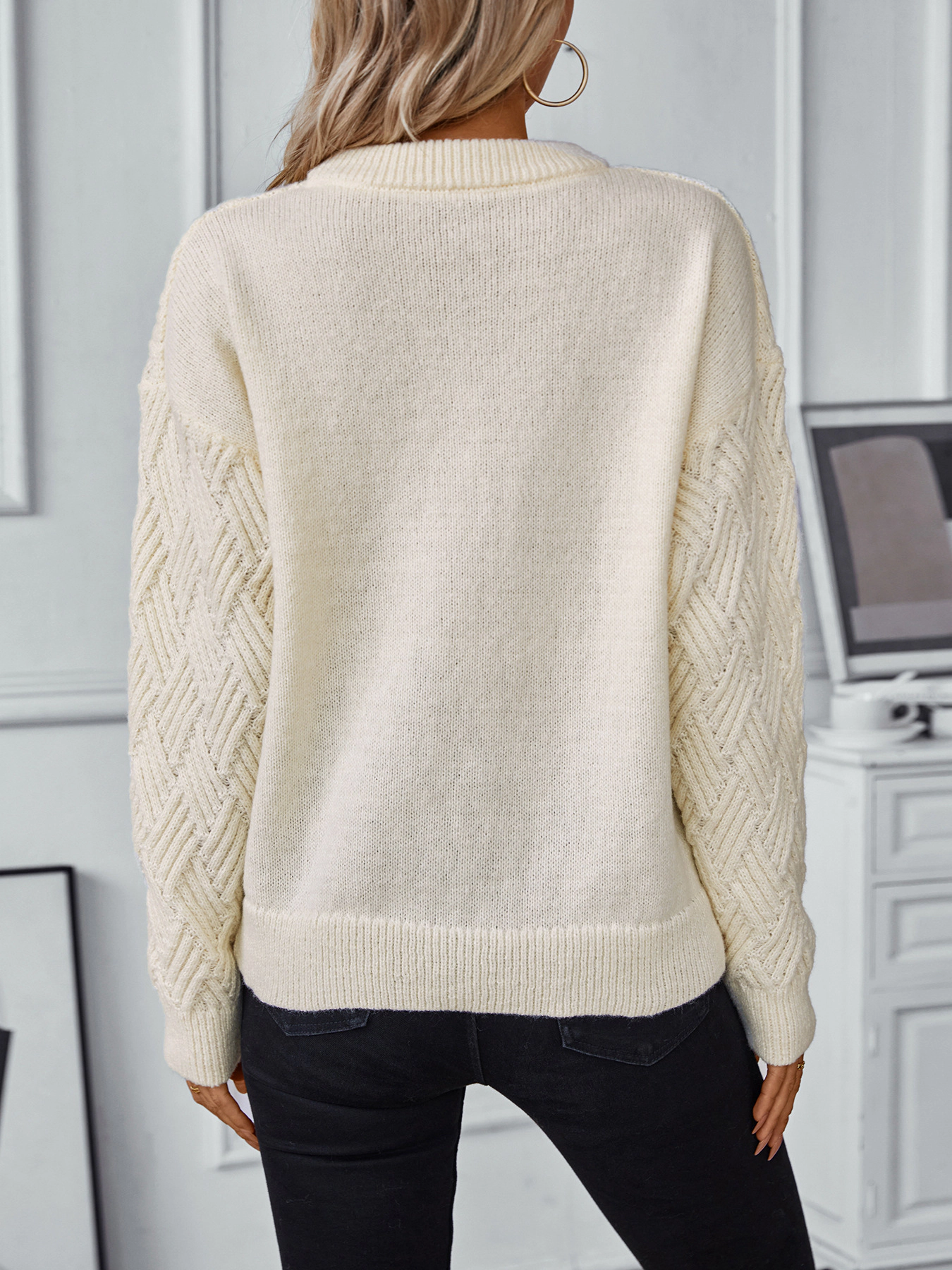 KOJOOIN Women Cable Knit Sweater Long Sleeve Basket Weave Textured Pullover Ribbed Trim Casual Top