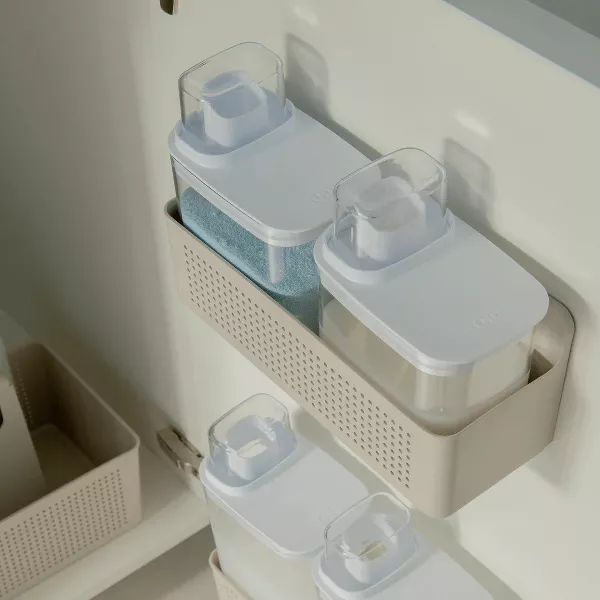 OU Laundry Detergent Dispenser & Wall-Mounted Storage Organizer Set, 2 Pack 77oz Clear Soap with Measuring Cap