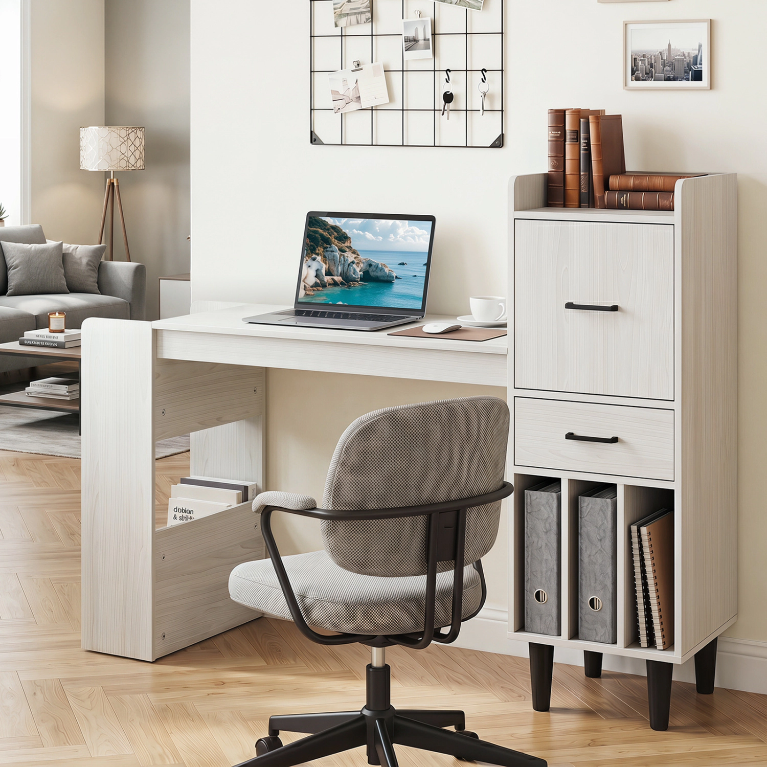 LJG 59" Home Office Desk with Side Storage Shelves and Drawer Cabinets for Bedroom