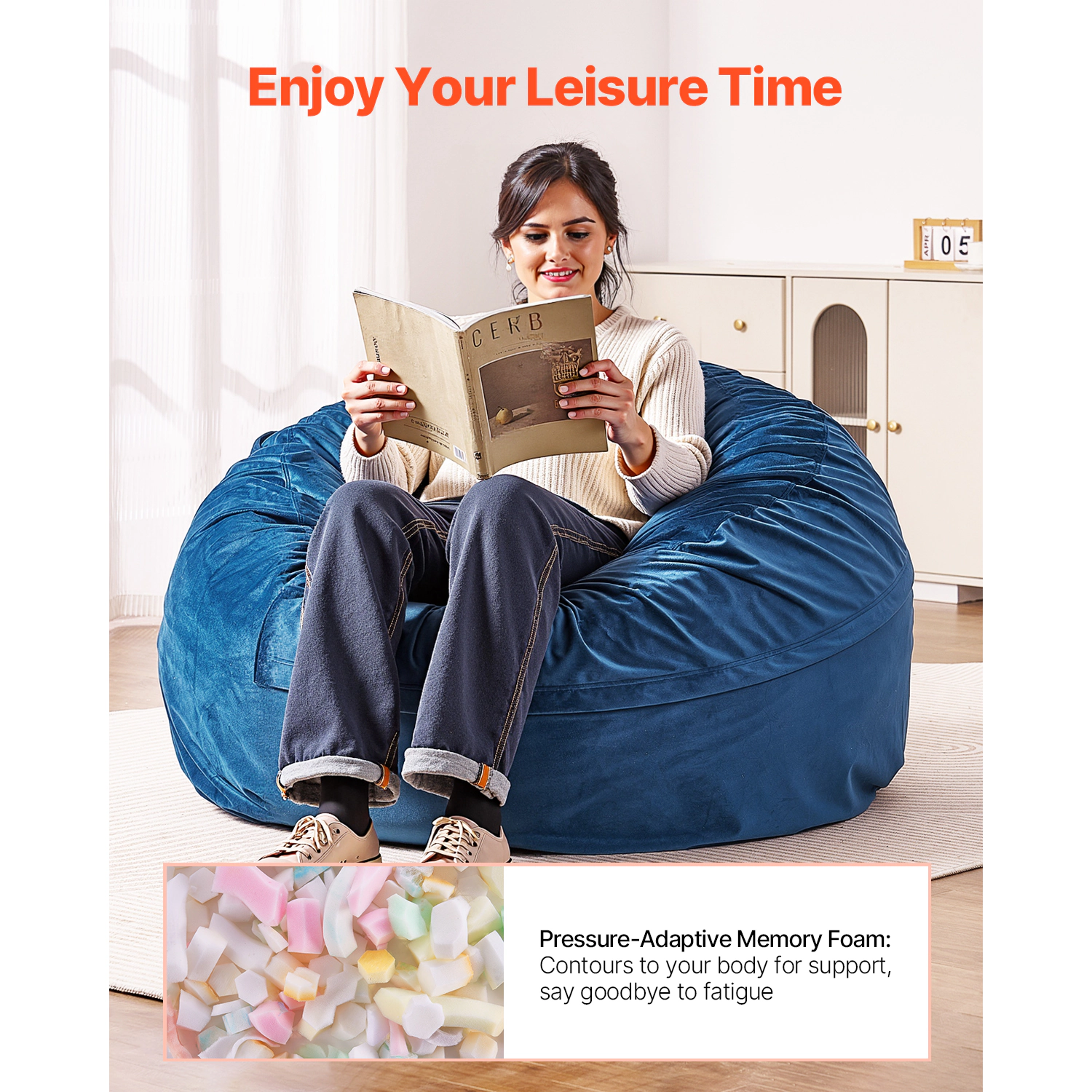 HONGGE Round Bean Bag Chair with Removable Washable Cover for Adult, Dutch Velvet and High-Density Foam Filling