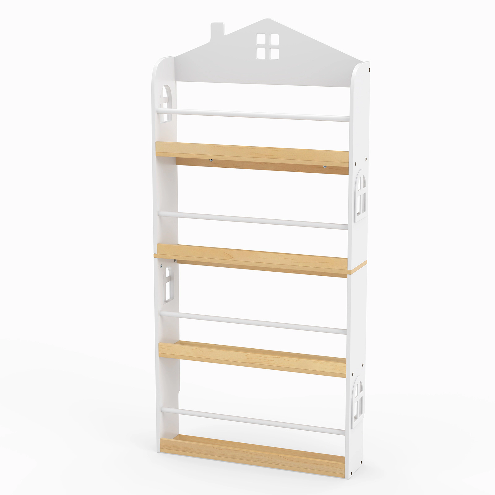 SUGIFT Kids 4-Tier House Shaped Anti-Fall Baffles Metal Bars Slim Bookshelf 24-in x 6-in x 51-in Ages 3+ White