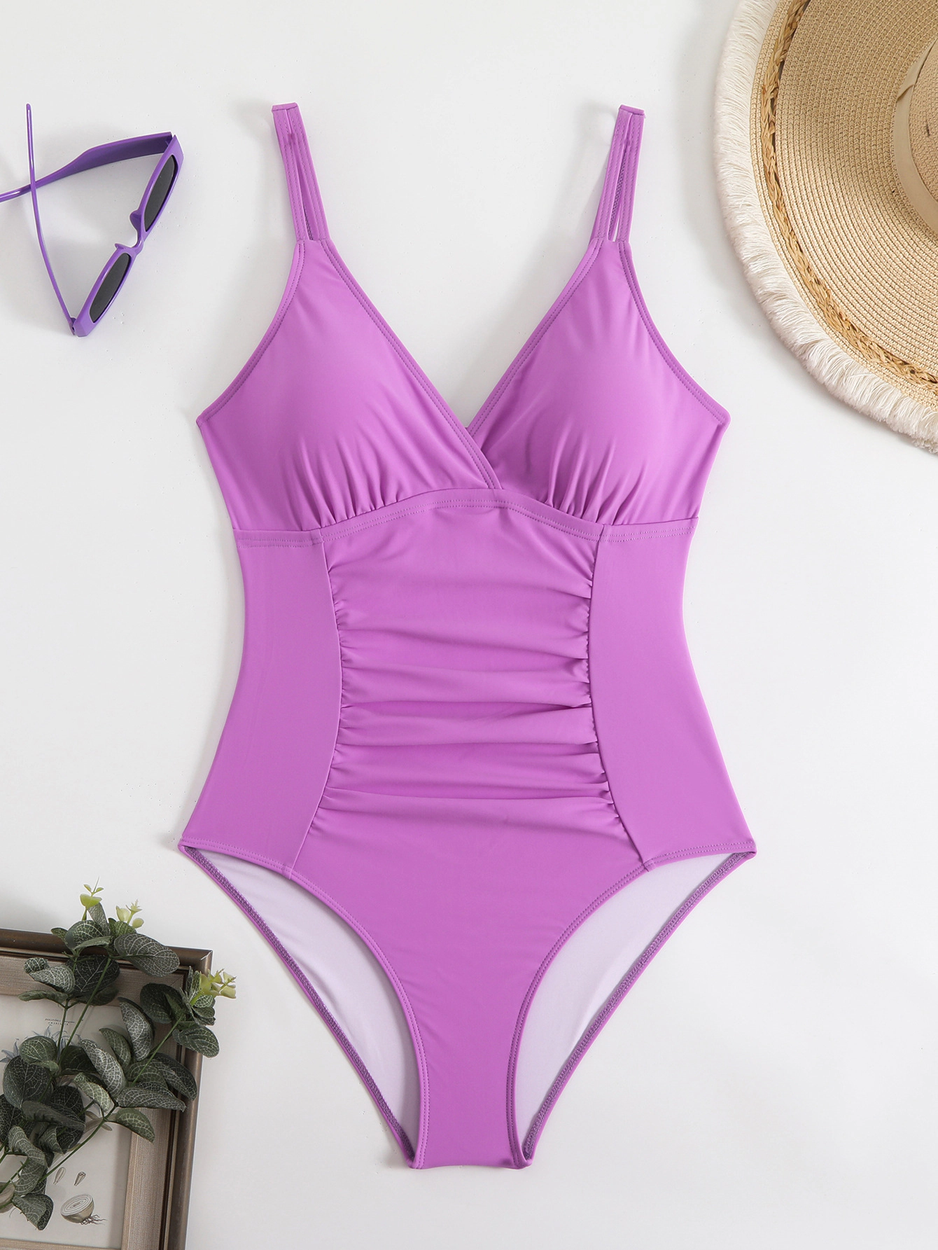 KOJOOIN Women's Ruched Tummy Control One Piece Swimsuit V‑Neck Crossback Bathing Suit Swimwear