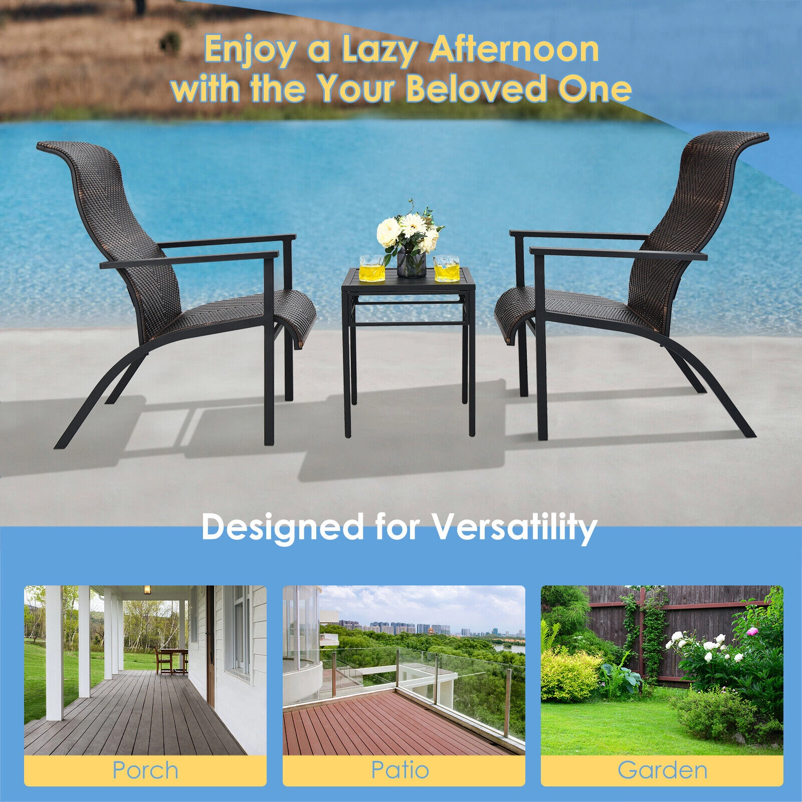 SUGIFT Patio Conversation Bistro Set with High Backrest & Armrest 330-lb Chair Capacity 110-lb Table Capacity Mix Brown