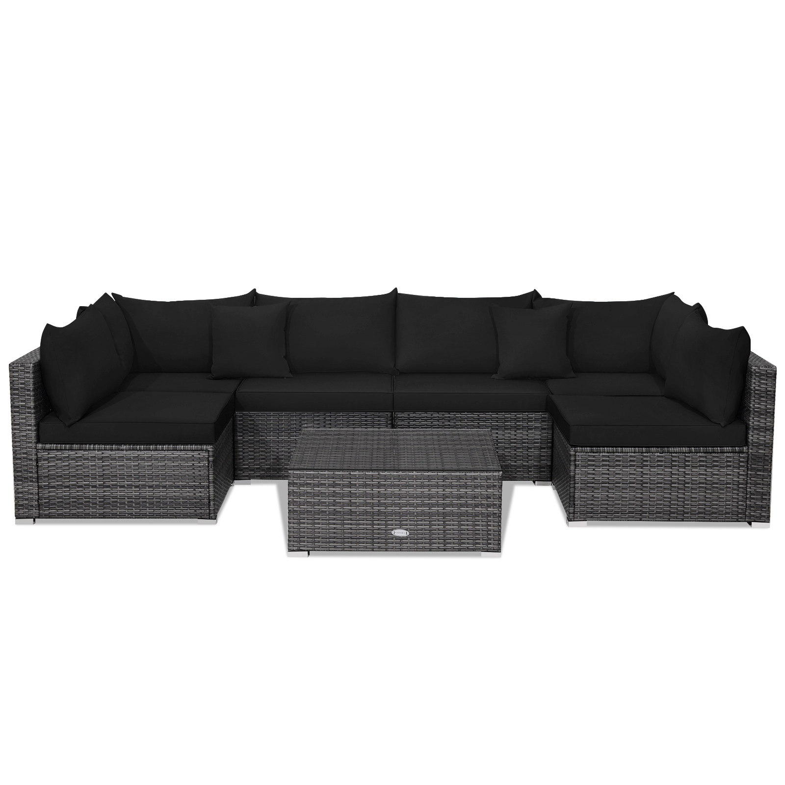 SUGIFT 7-Piece Black Patio Rattan Sectional Sofa Set with Glass Table 12-in Seat H 350-lb Sofa Capacity