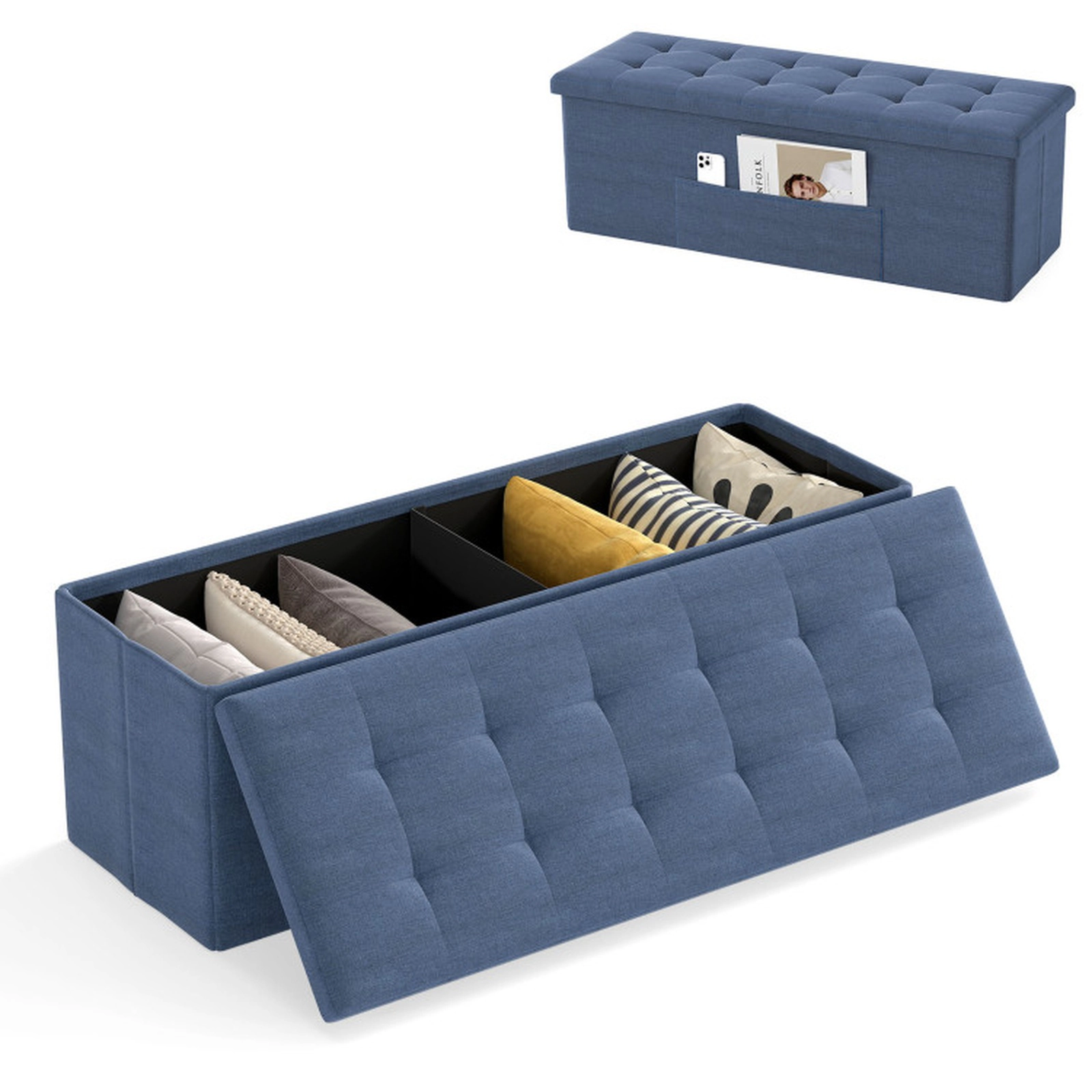 SUGIFT 43-Inch Folding Storage Ottoman Bench, Dark Gray Linen Seat, 38-Gallon Capacity