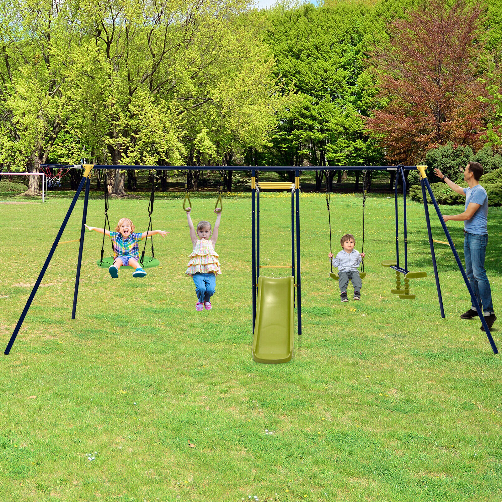 SUGIFT 7-in-1 A-Shaped Steel Kids Outdoor Swing Set with Slide Basketball Hoop Monkey Bar and Gym Rings