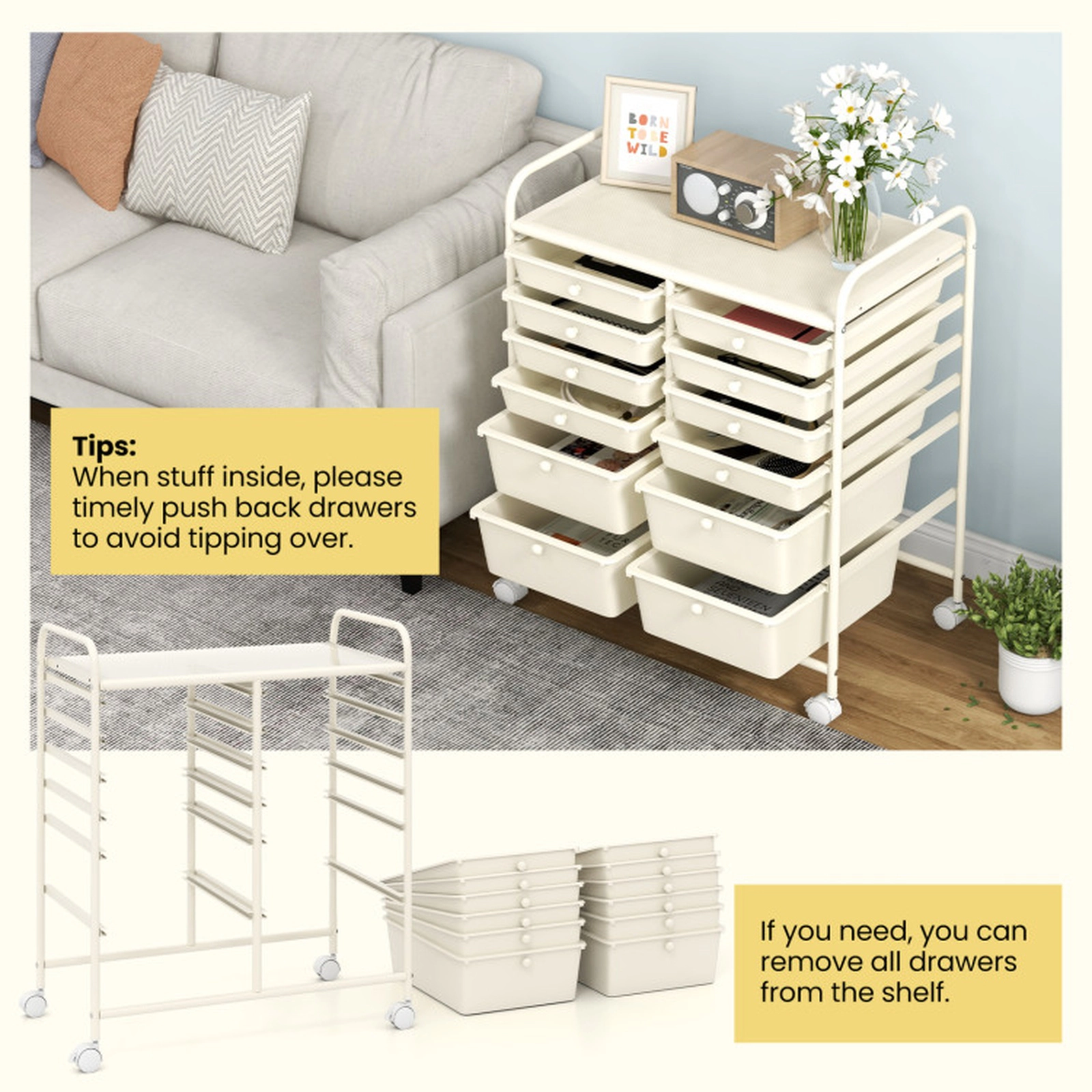 SUGIFT 12-Drawer Rolling Storage Cart with Lockable Wheels and Two Drawer Depths