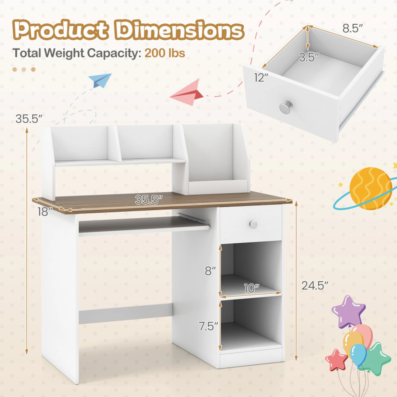 SUGIFT Kids Study Desk Writing Table with Drawer Shelves and Keyboard Tray 200-lb Capacity Ages 3-6 White Natural