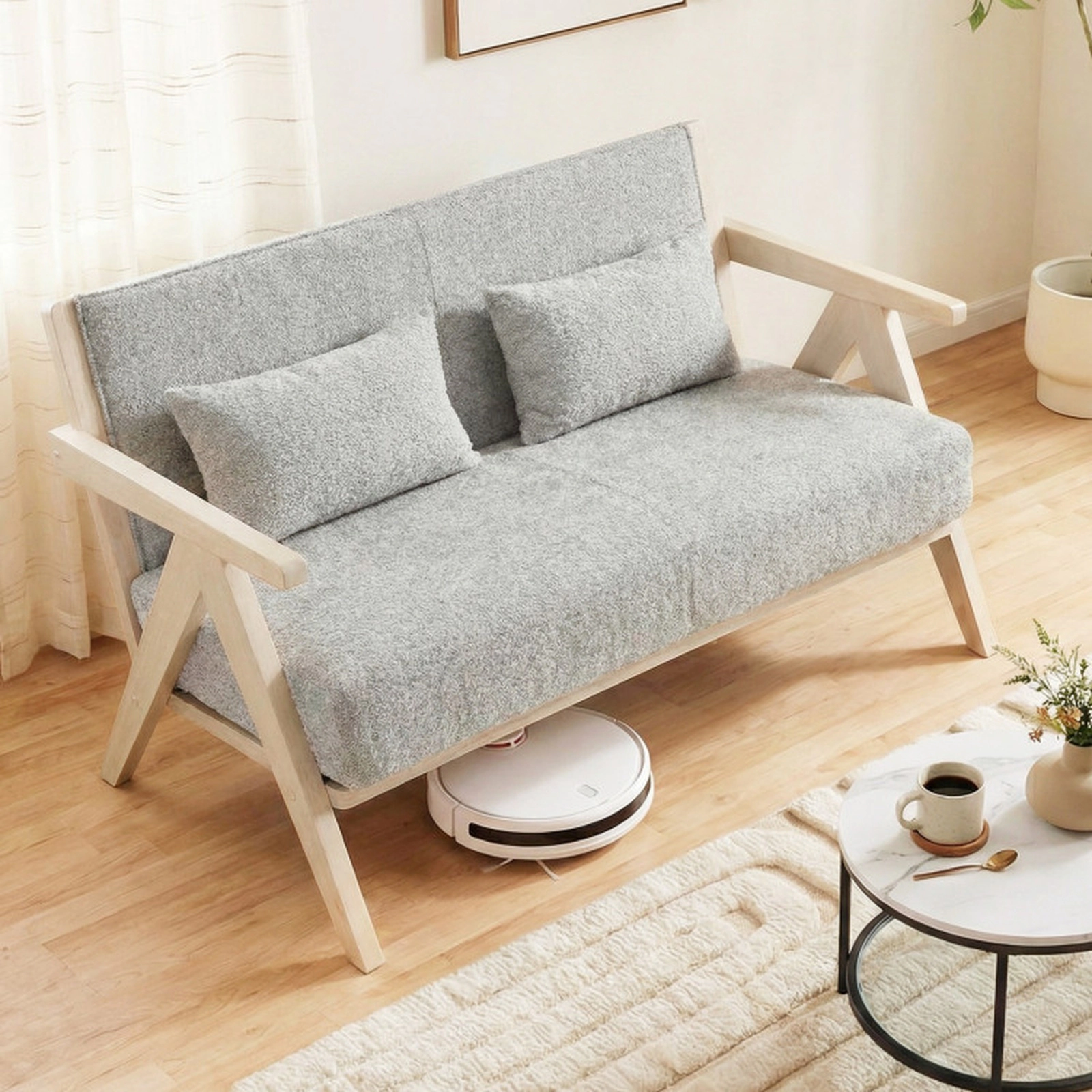 SUGIFT Gray Pocket Springs Rubber Wood Frame and 2 Pillows Loveseat Sofa for Small Spaces