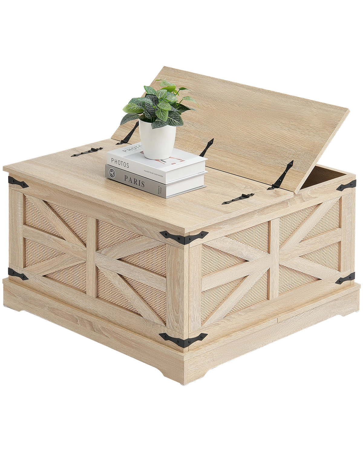 HONGGE Rattan Coffee Table Rectangle PE Rattan Woven Wood Coffee Table with Modern Boho Style Storage Coffee Table with