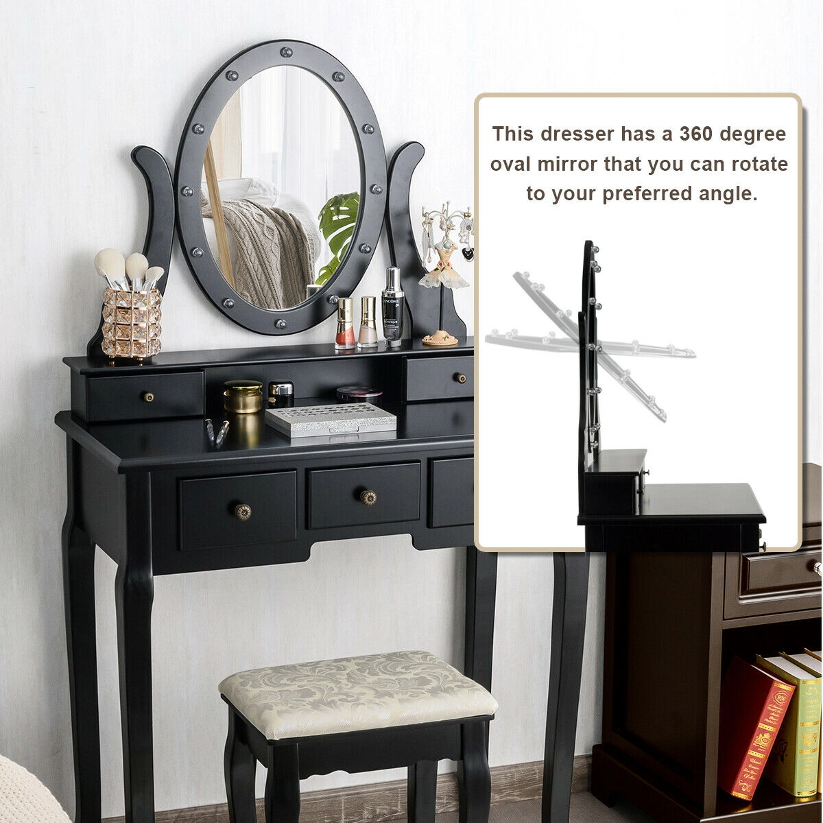 SUGIFT 5-Drawer Vanity Table and Stool Set with 12-LED Oval Mirror 31.5-in Table Height Black