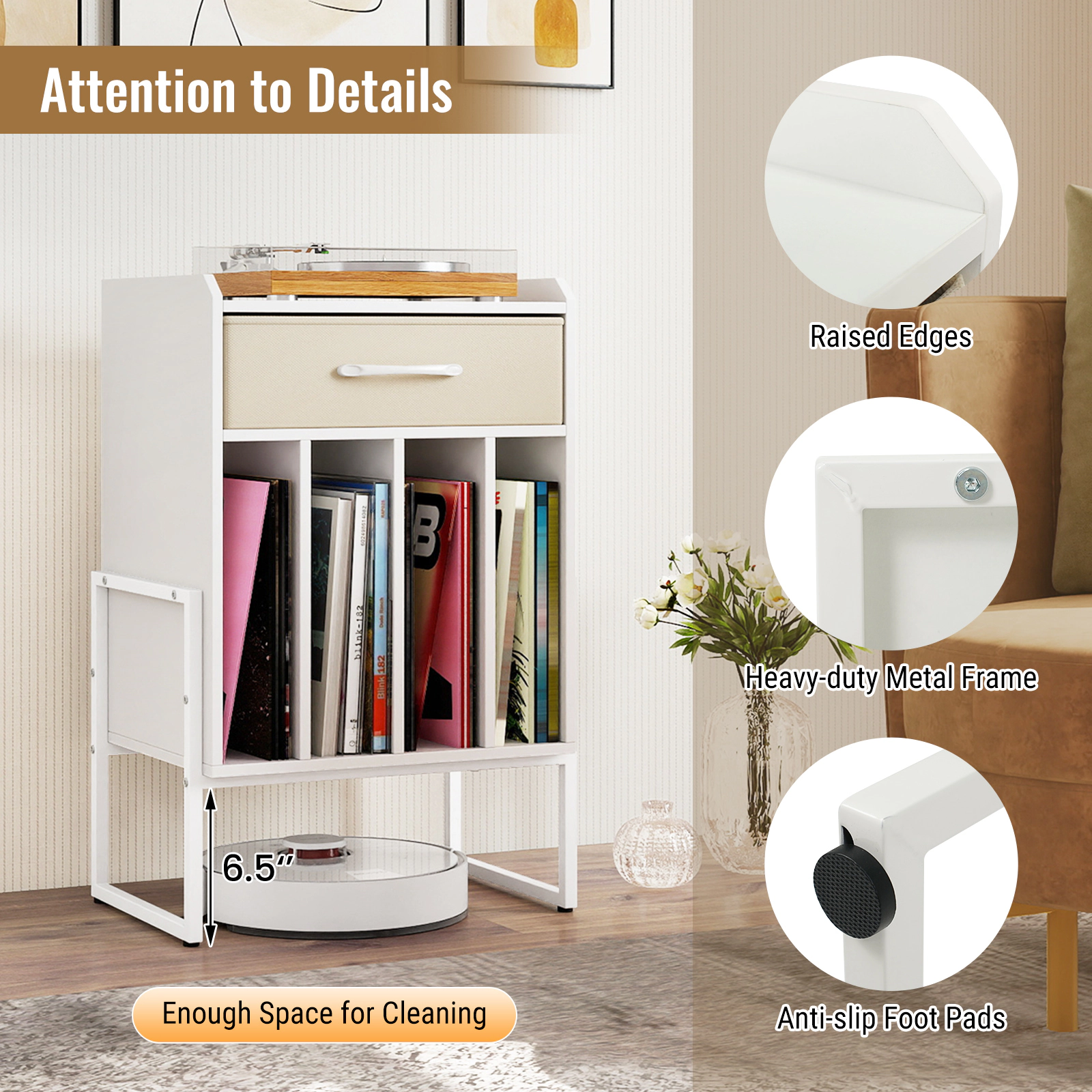 SUGIFT Record Player Stand with Drawer and Vinyl Record Holder 66-lb Tabletop Capacity 44-lb Vinyl Shelf Capacity White