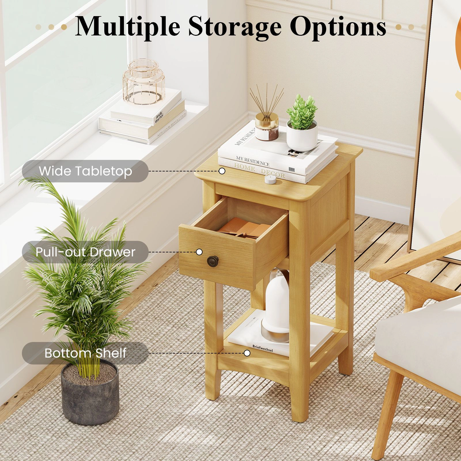 SlickBlue 3-Tier Wooden Nightstand with Drawer and Shelves