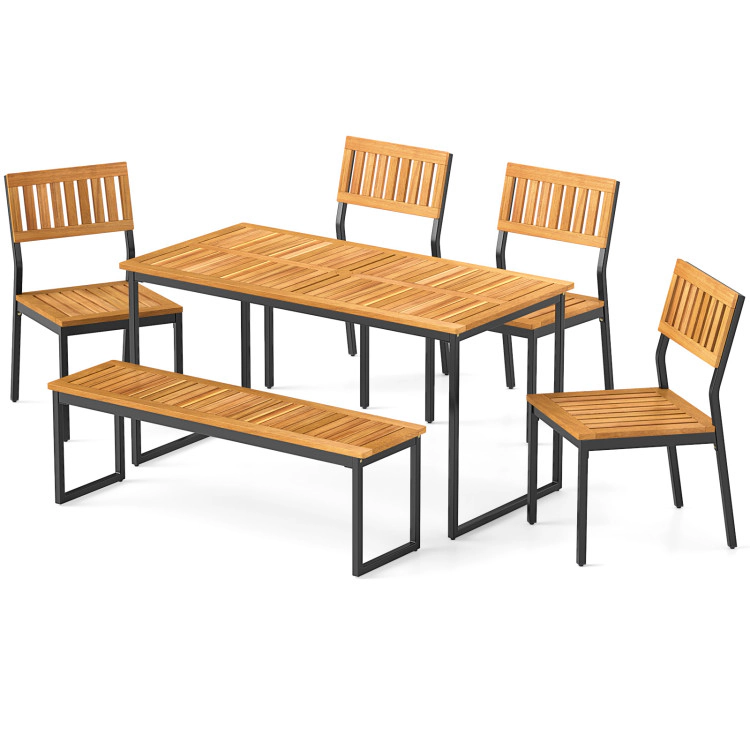 Hivvago 6 Pieces Outdoor Acacia Wood Dining Set With Bench And 2 Inches Umbrella Hole