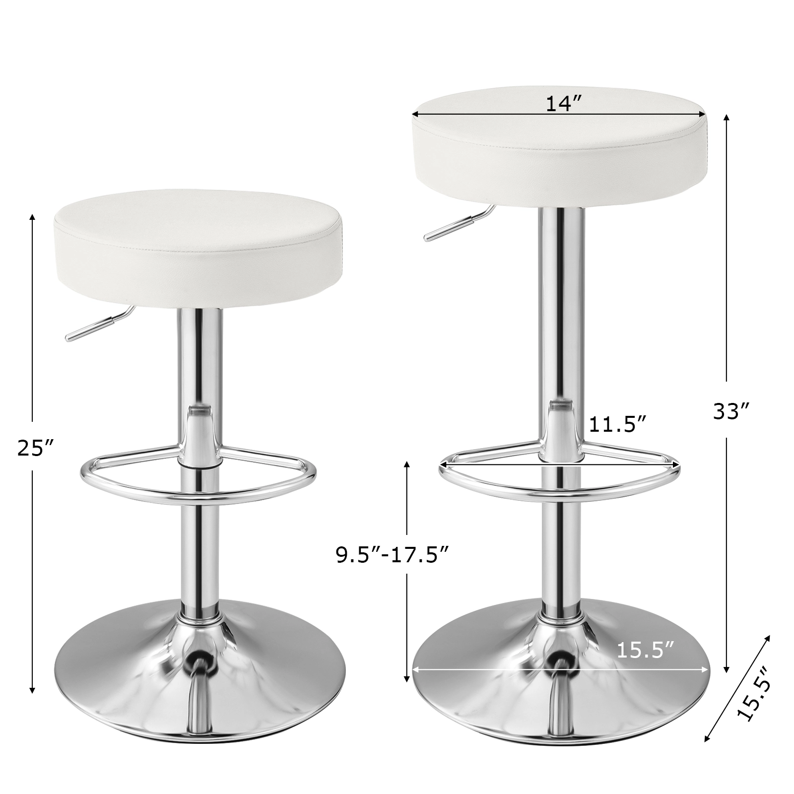 Glintex 2-Piece Round Adjustable Swivel Bar Stool Set with Chrome Footrest, White