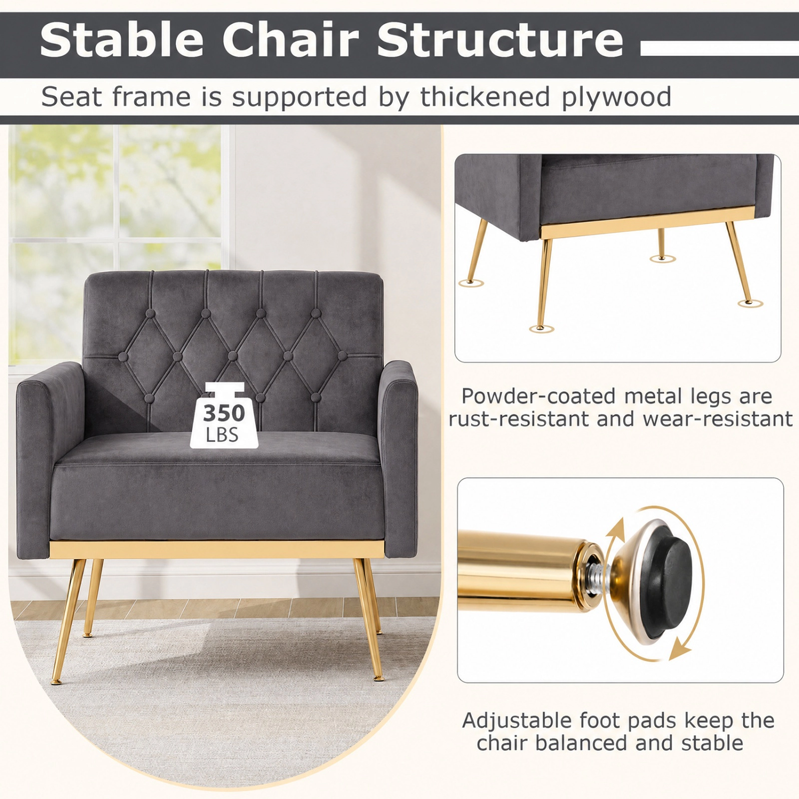 SUGIFT Modern Velvet Upholstered Accent Chair with Button-Tufted Back and Adjustable Feet 350-lb Capacity Gray