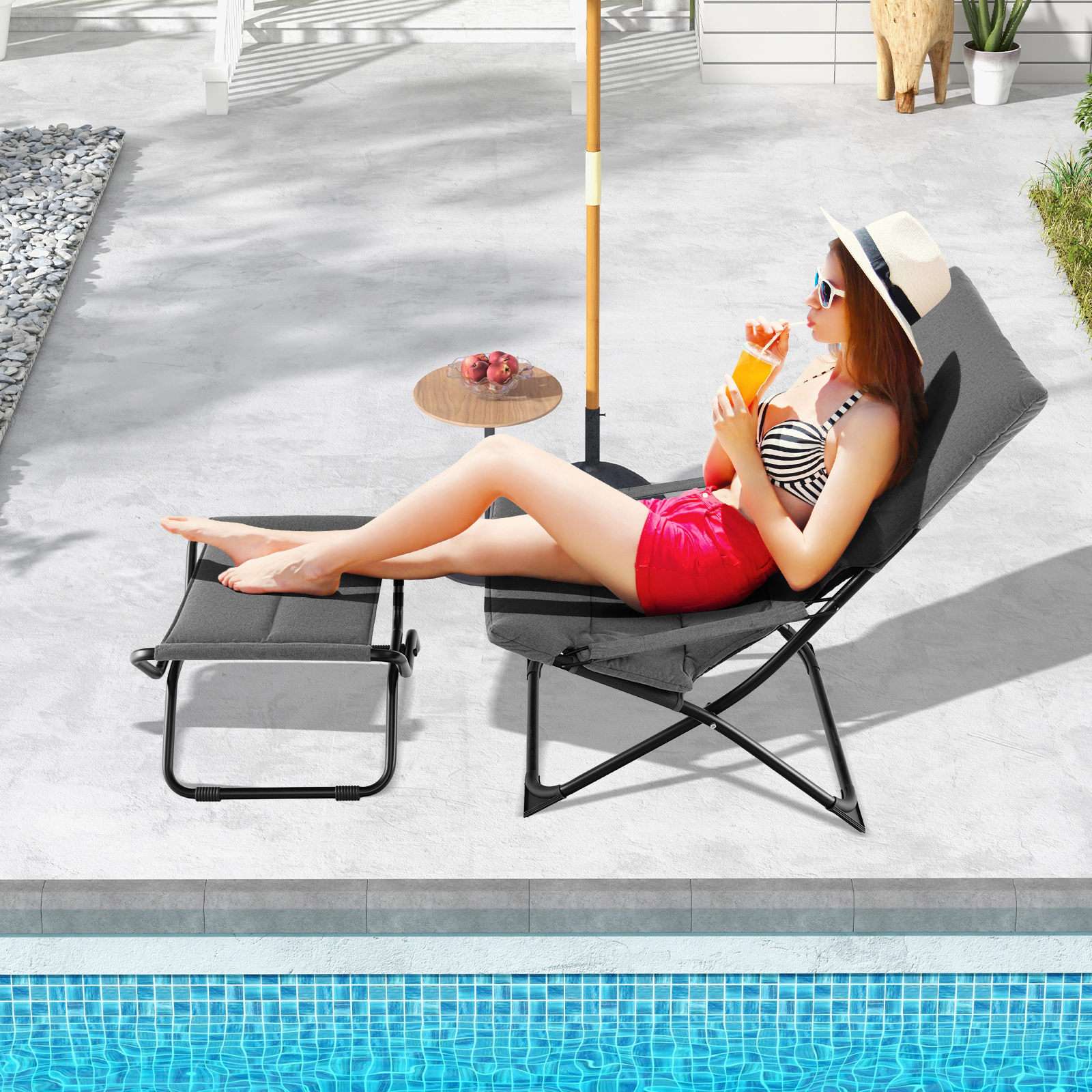 LJG Patio Folding Sling Chair with Ottoman Footrest and Removable Cushion
