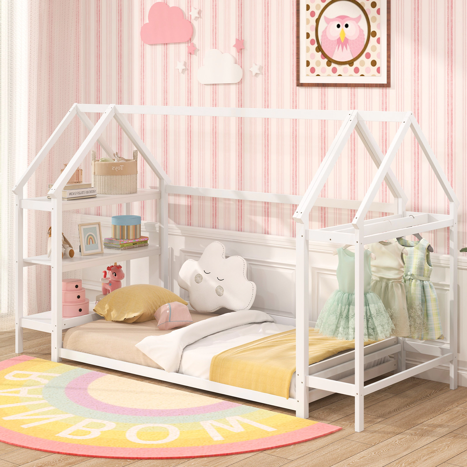 SUGIFT Montessori-Inspired Twin Size Floor House Bed Detachable Storage Shelves 88-lb Shelf Capacity Toddler Bed White