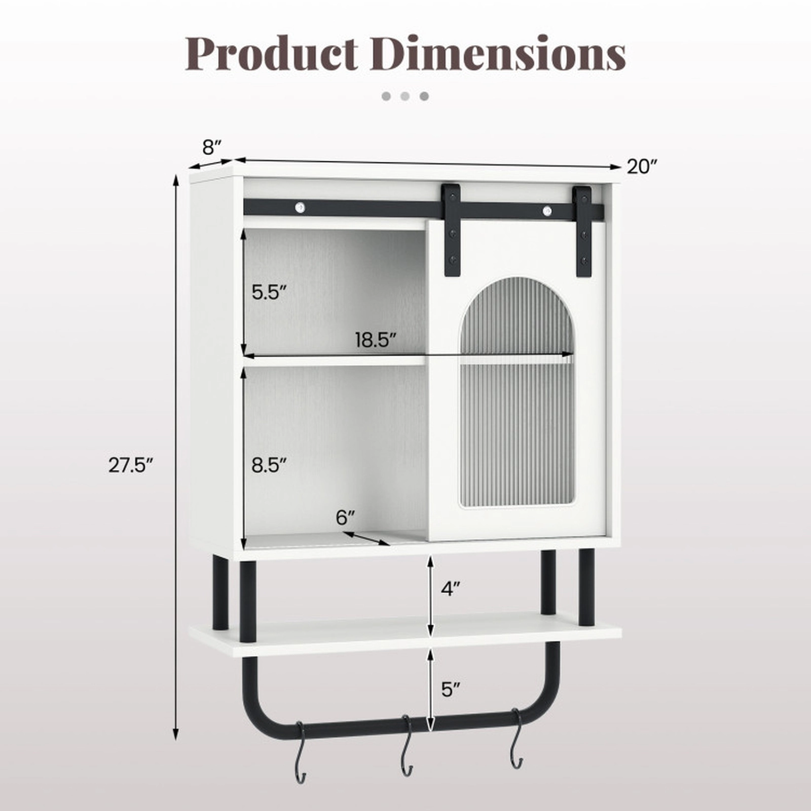 SUGIFT Sliding Barn Door Hanging Bar 3 Hooks Wall Bathroom Storage Cabinet 20-in x 8-in x 27.5-in 66-lb Capacity White