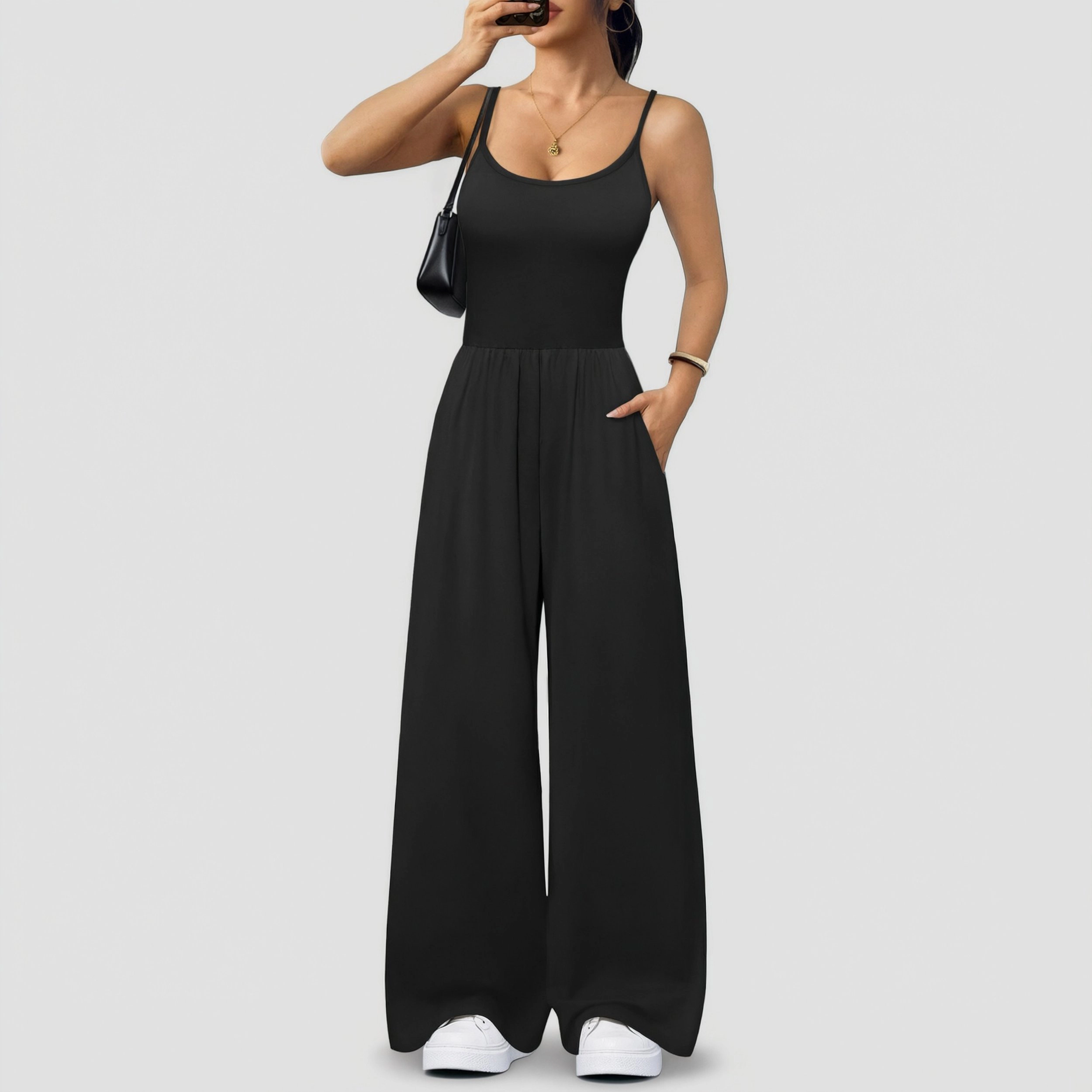 Ekouaer Women's Scoop Neck Spaghetti Strap Wide Leg Jumpsuit