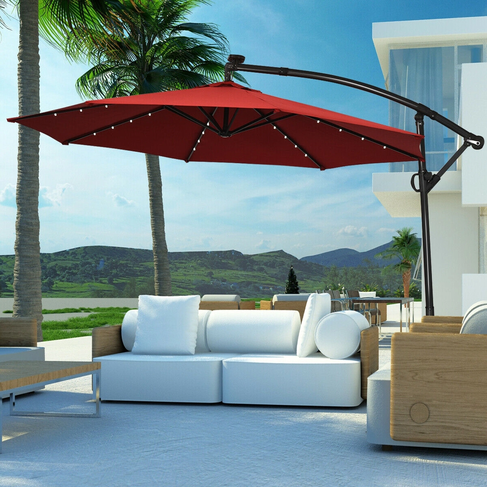 SUGIFT 10-ft Dark Red Offset Cantilever Patio Umbrella with 360-Degree Rotation Easy Tilt and 32 Solar Lights