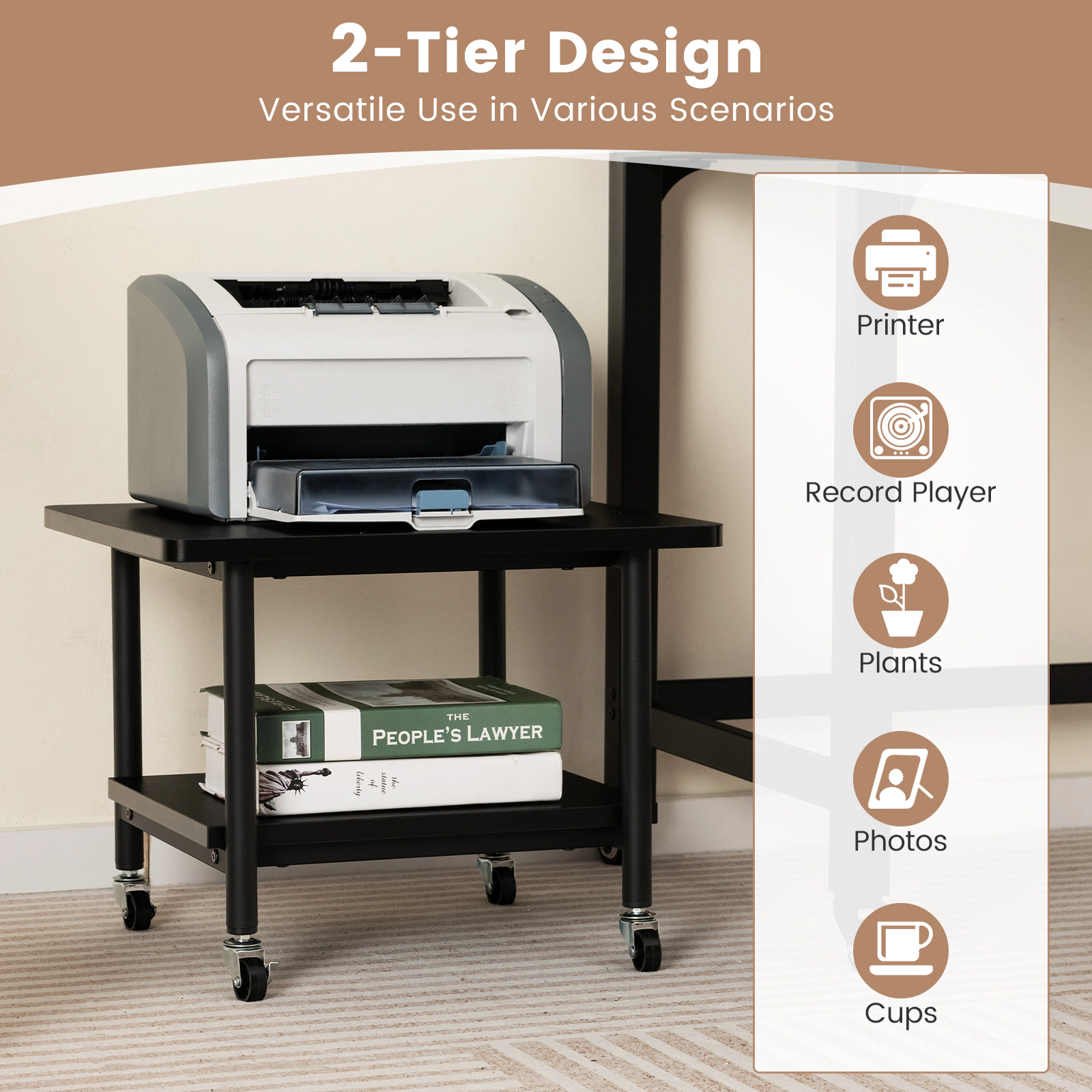 SUGIFT 19.5-in 143-lb Capacity Under Desk Printer Stand with 0.7-in Thick Top Storage Shelf and 4 Casters