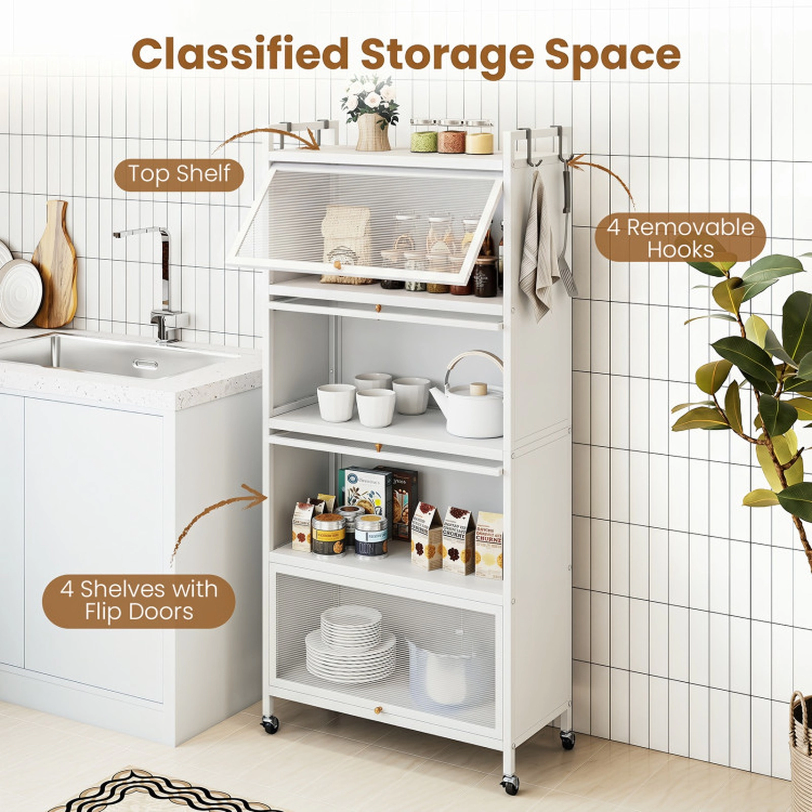 SUGIFT 5-Tier 45-lb Per-Tier 60-in White Storage Cabinet with 4 Flip-Up PC Doors Rolling Wheels and Guardrails