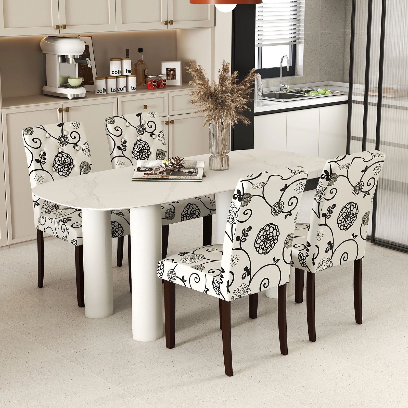 LJG Button Tufted Fabric Upholstered Wooden Dining Chair Set of 2 with High Curved Back