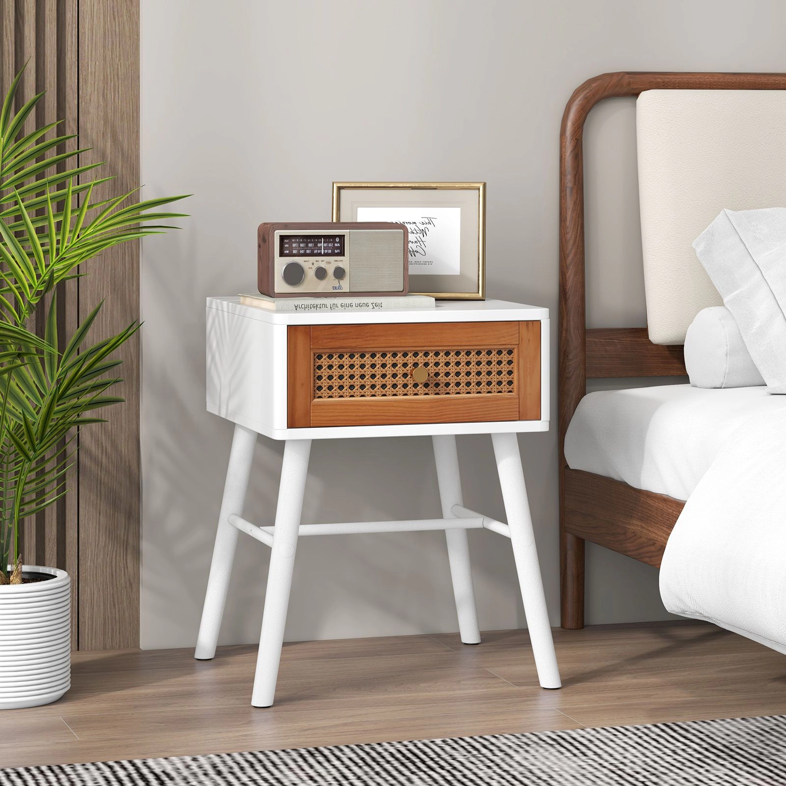 SlickBlue Mid Century Modern Rattan Nightstand with Drawer