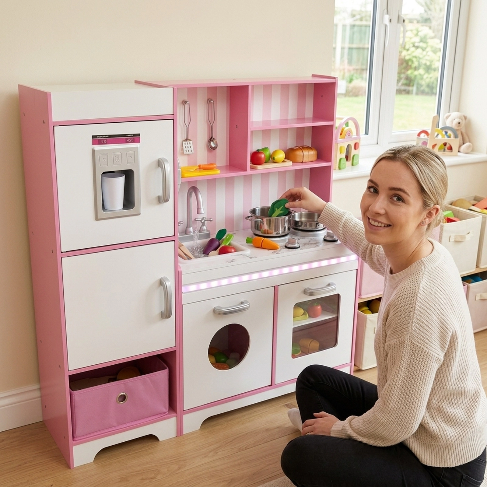Kids Kitchen Playset Remote Controlled LED Lights Ice Maker Washing Machine Fabric Bins 35.5-in x 11.5-in x 35.5-in Pink