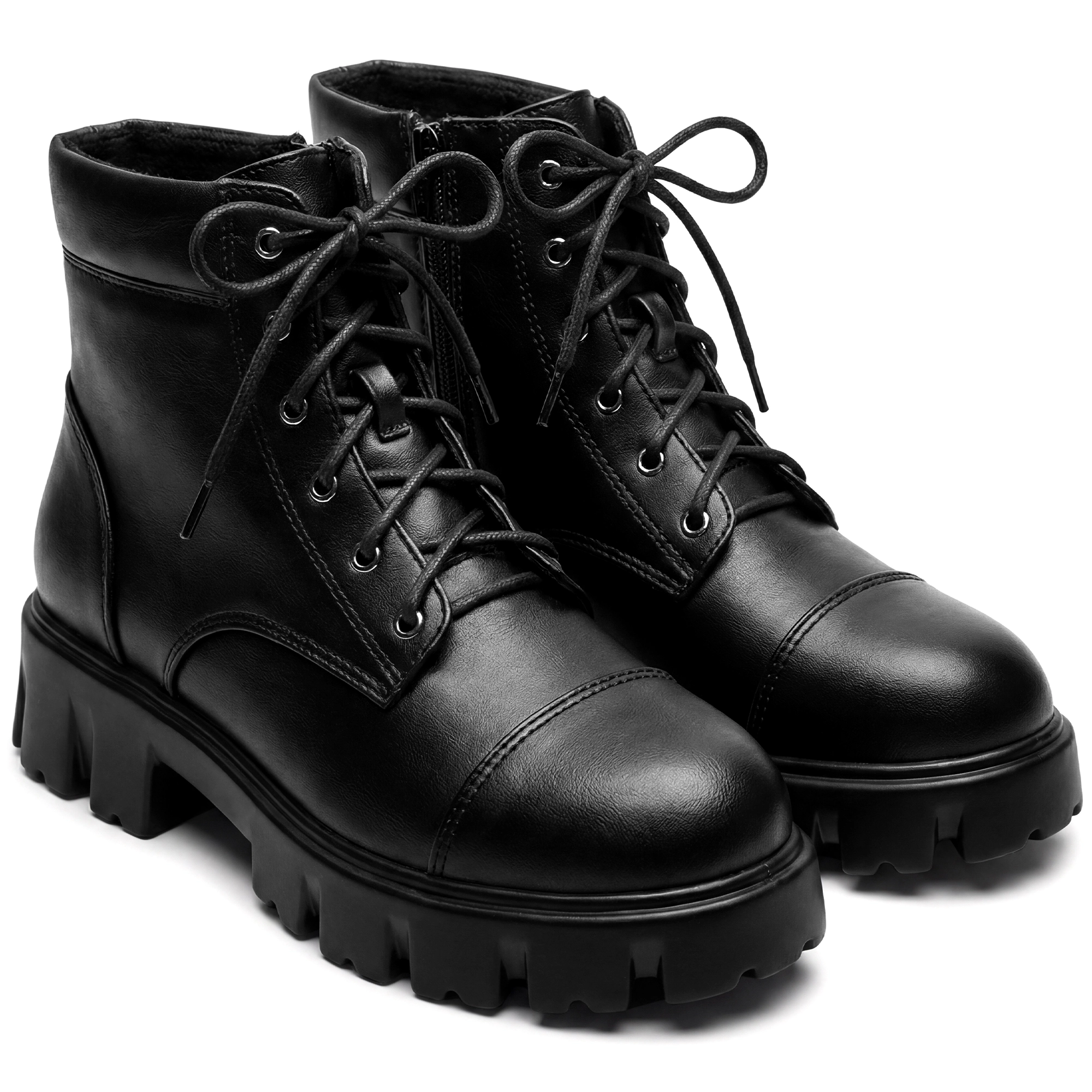 BLISSFUL STEP Lace Up Ankle Boot Platform Chunky Heel Combat Boots for Women
