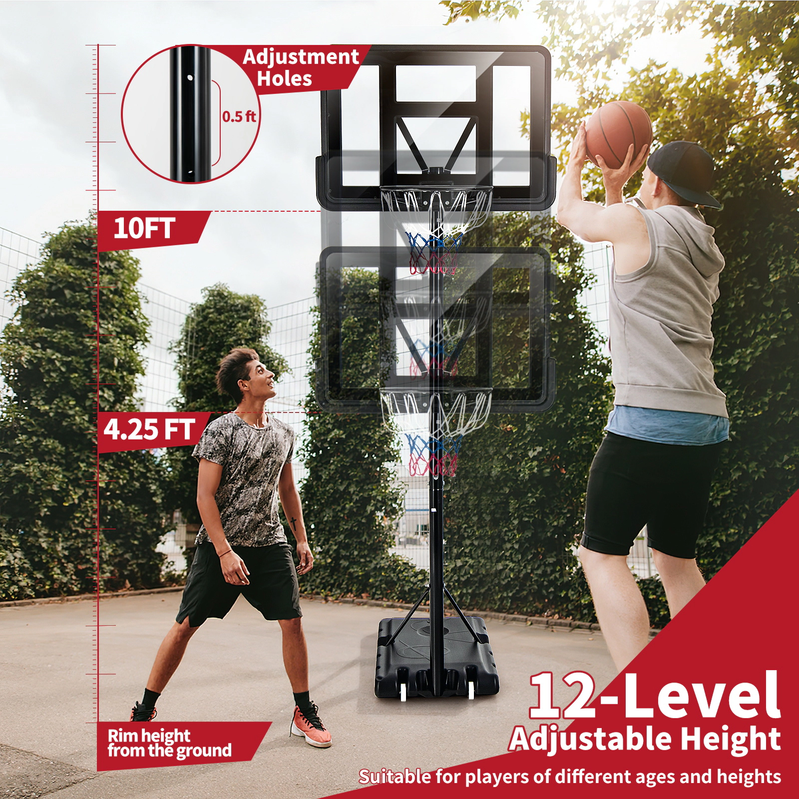 SUGIFT Portable Basketball Hoop Stand with Shatterproof HDPE Backboard and Wheels 4.25-10-ft Rim Black Red