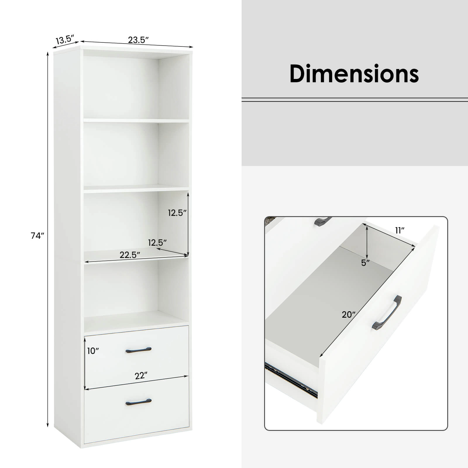 Costway 6-Tier Tall Bookshelf Freestanding Modern Bookcase White Storage Cabinet