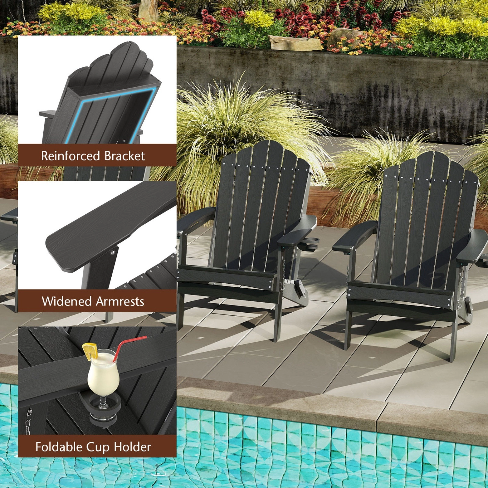 SUGIFT Weather-Resistant HDPE Folding Adirondack Chair, Grey