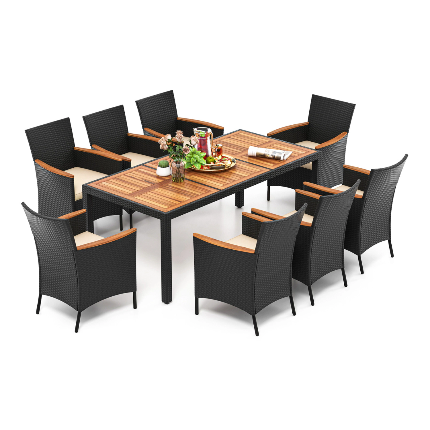 LJG 9 Pieces Outdoor Dining Set with Acacia Wood Tabletop
