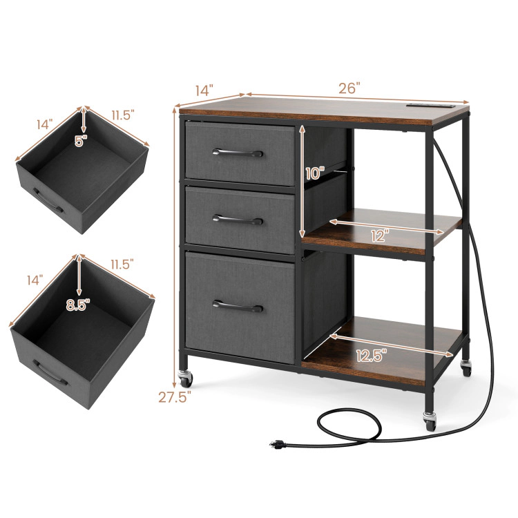 Hivvago 3 Drawer Mobile File Cabinet with Charging Station Rolling Printer Stand Open Storage Shelves