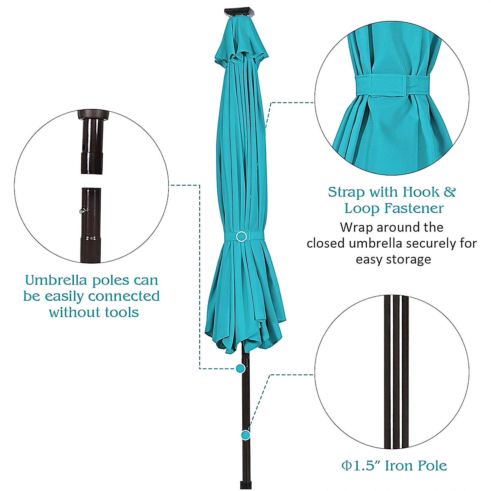 SUGIFT 10-Ft Outdoor Patio Umbrella 24 Solar LED Lights Crank Lift & Push Button Tilt 10-ft Canopy Diameter Turquoise