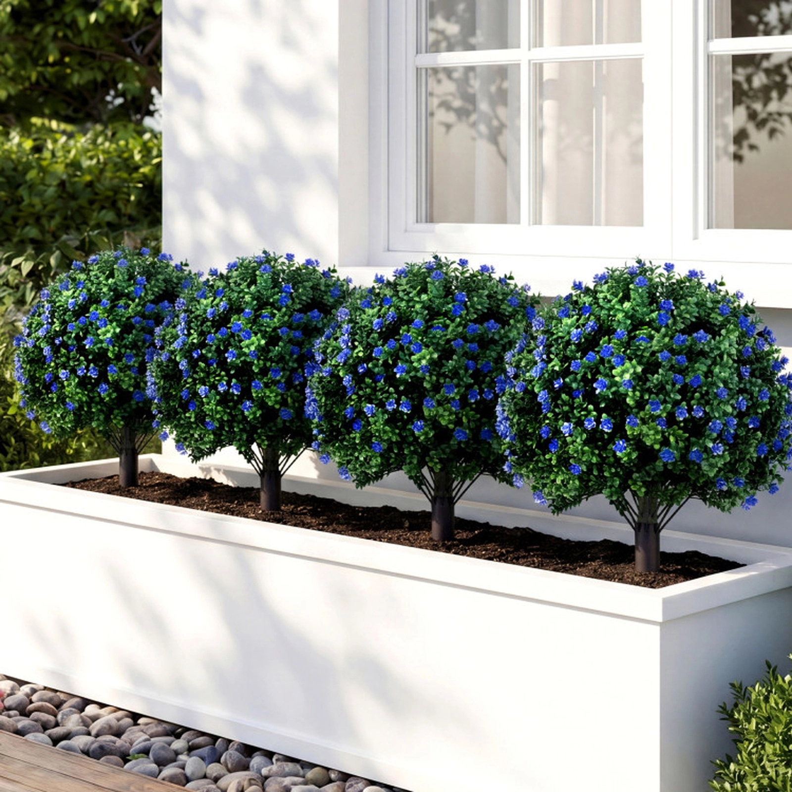 SUGIFT Set of 2 27.5-in Artificial Camellia Boxwood Topiary Ball Trees with Purple Flowers and 8-in Spikes