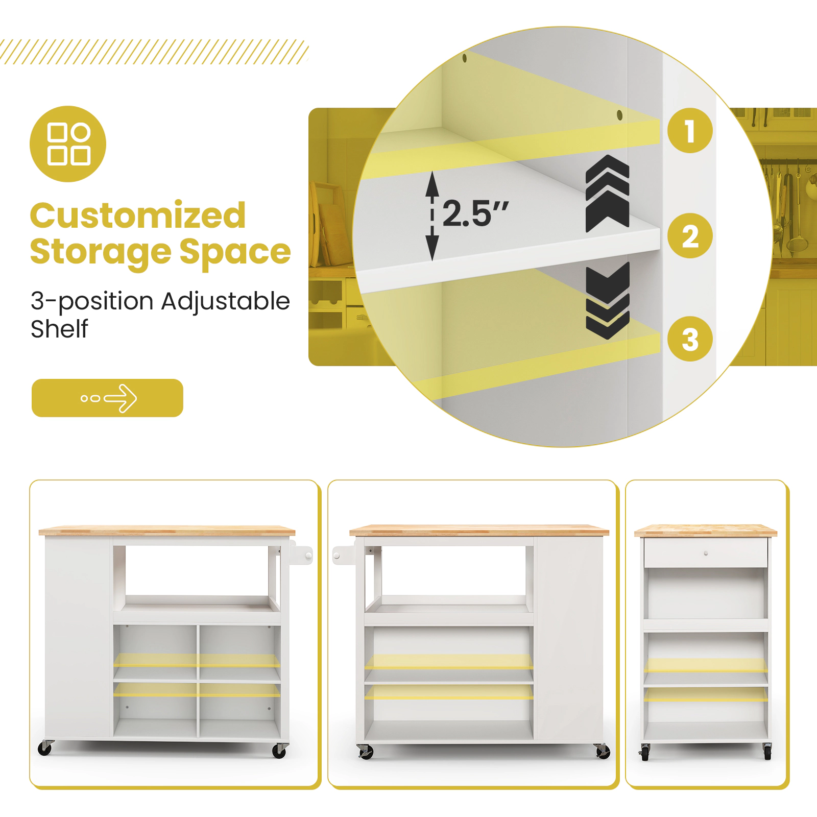 SUGIFT White Kitchen Island Trolley Cart on Wheels with 3-Position Adjustable Shelf and Slide-Out Drawer