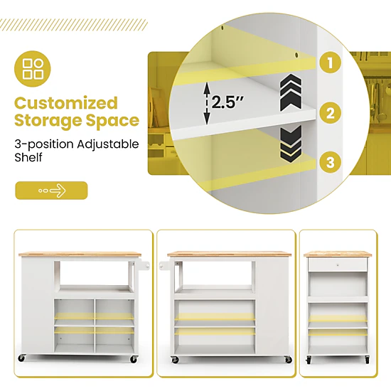 SUGIFT White Kitchen Island Trolley Cart on Wheels with 3-Position Adjustable Shelf and Slide-Out Drawer