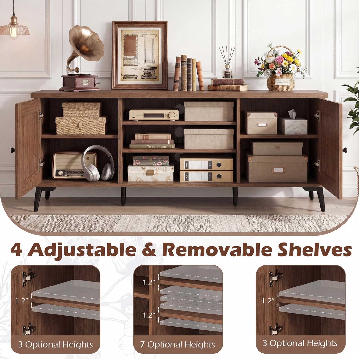Glintex 59-Inch Mid-Century TV Stand with Carved Doors and 7-Height Shelves