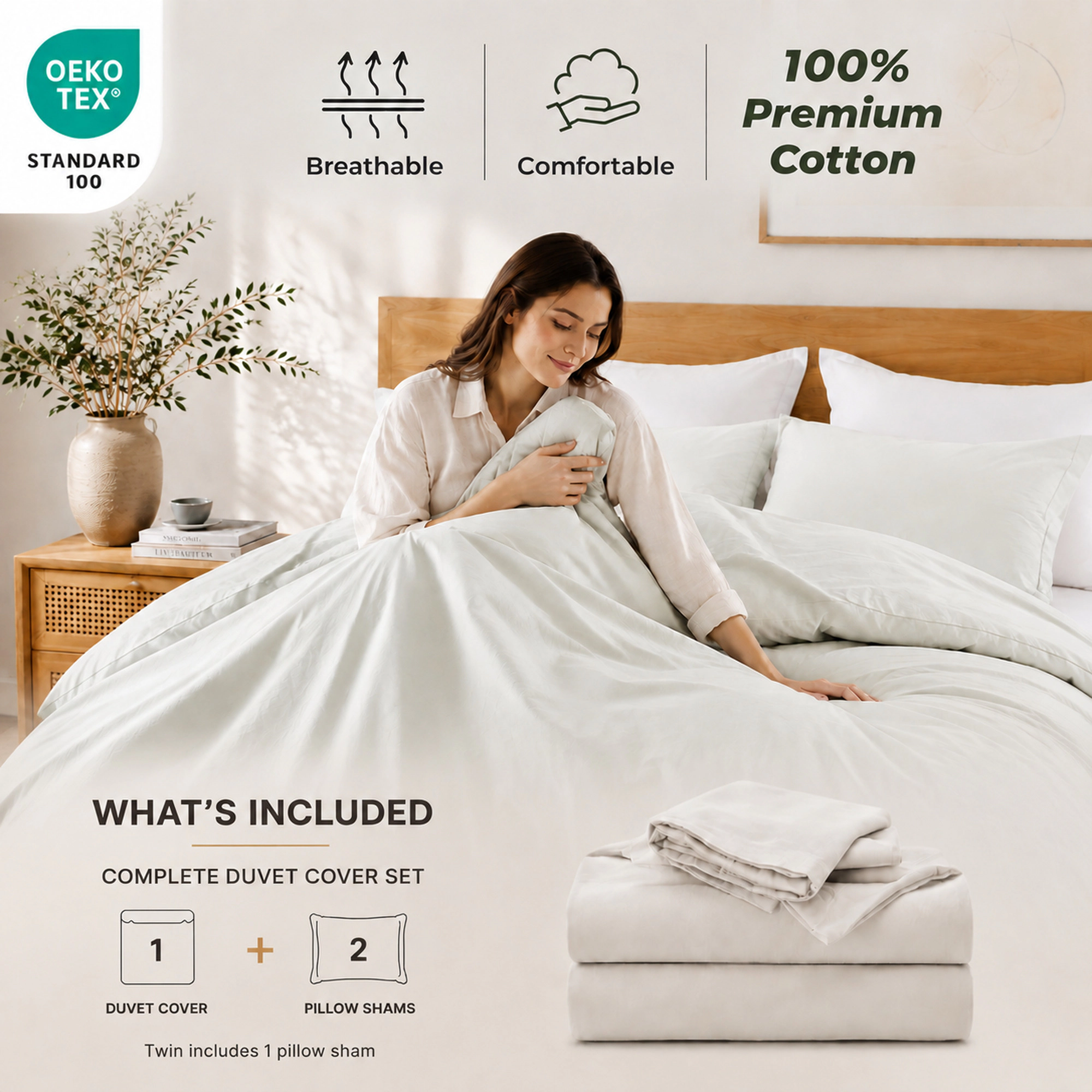 PEACENEST 100% Cotton Duvet Cover Set, Soft Breathable Lightweight Bedding Set