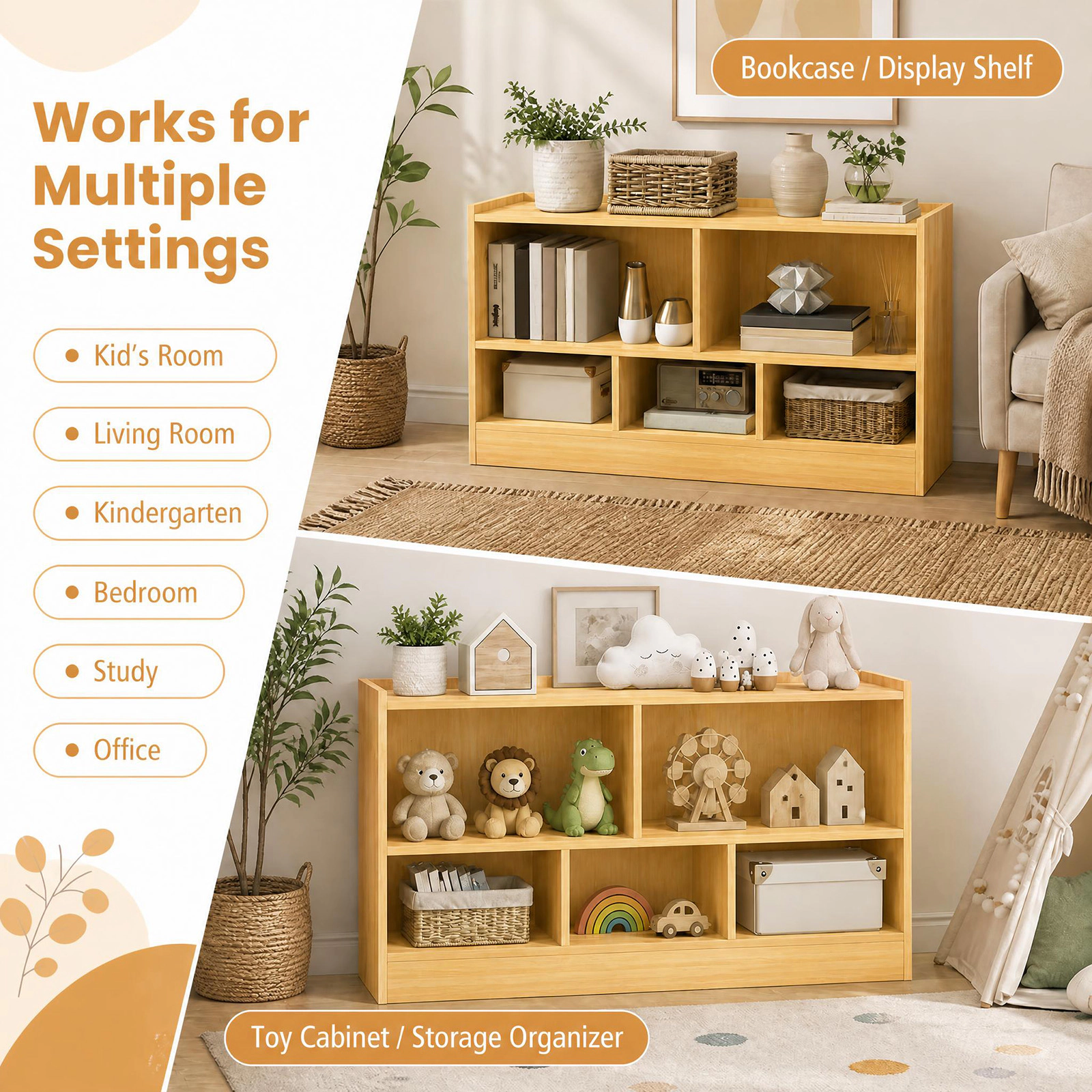 Costway Kids 2-Shelf Bookcase 5-Cube Wood Toy Storage Cabinet Organizer