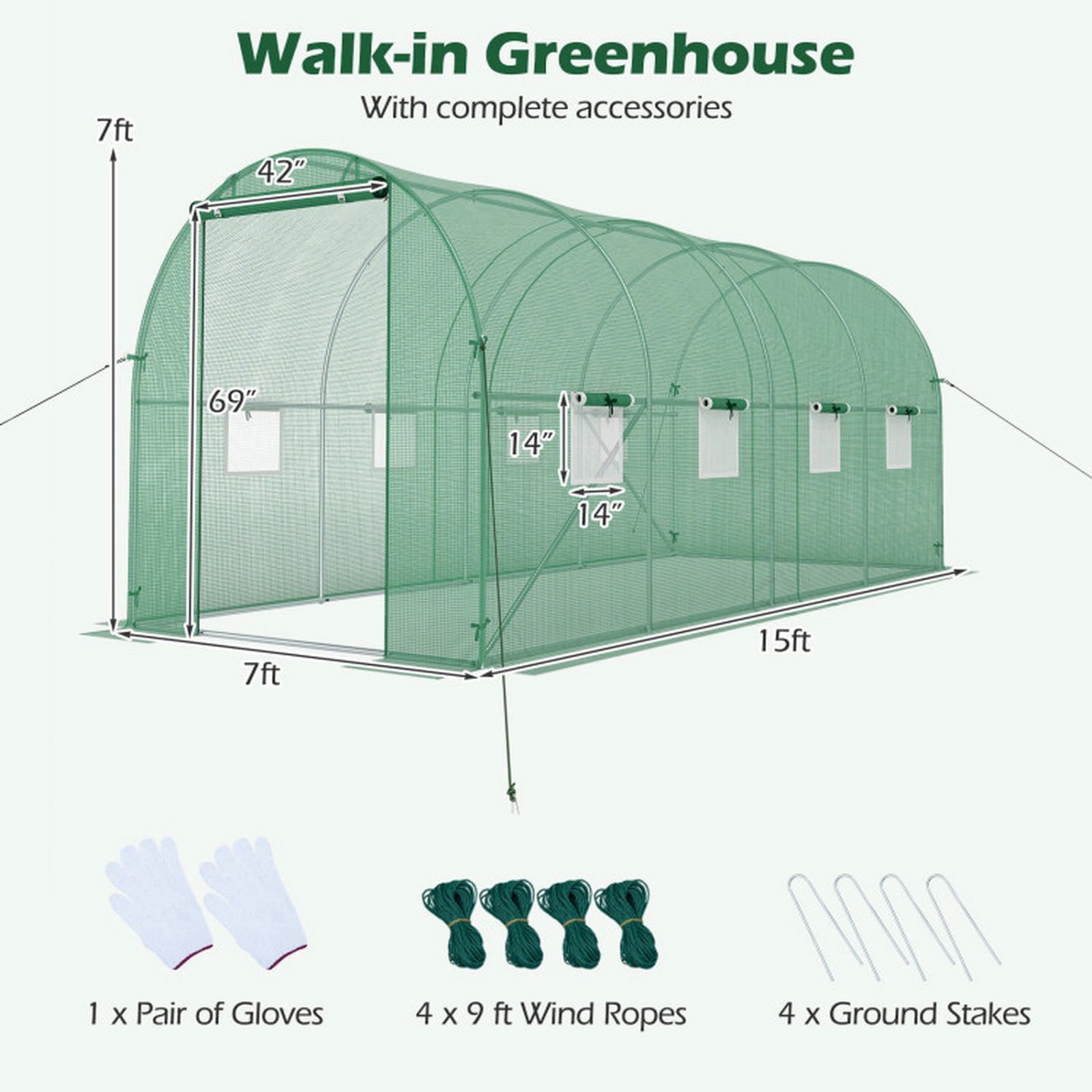 SUGIFT Walk-in Tunnel Greenhouse with Zipper Door and 8 Mesh Windows 42-in Door Opening Green/White