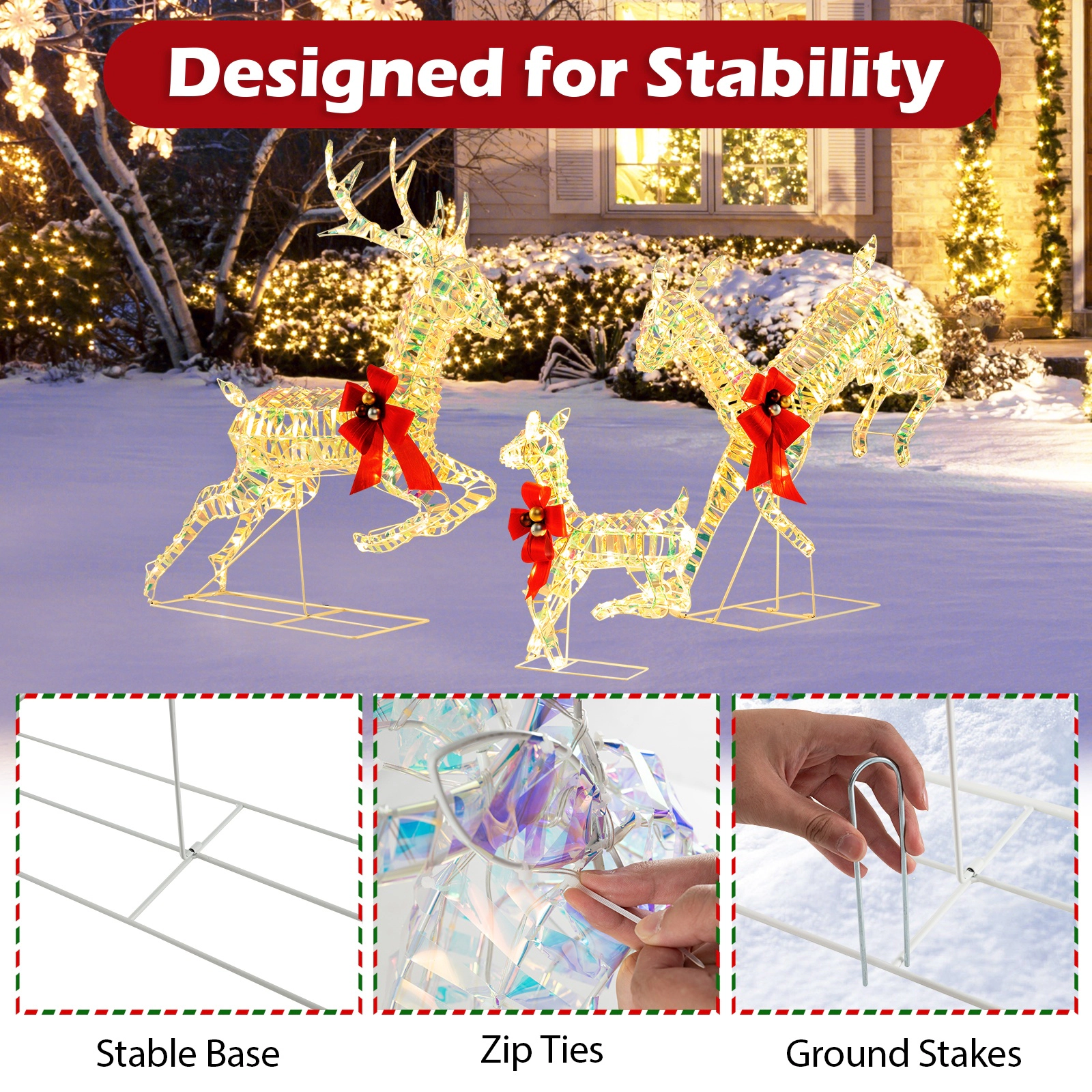 SUGIFT 3-Piece Lighted Christmas Reindeer Family with 230 Warm White LED Lights Bows and Ground Stakes
