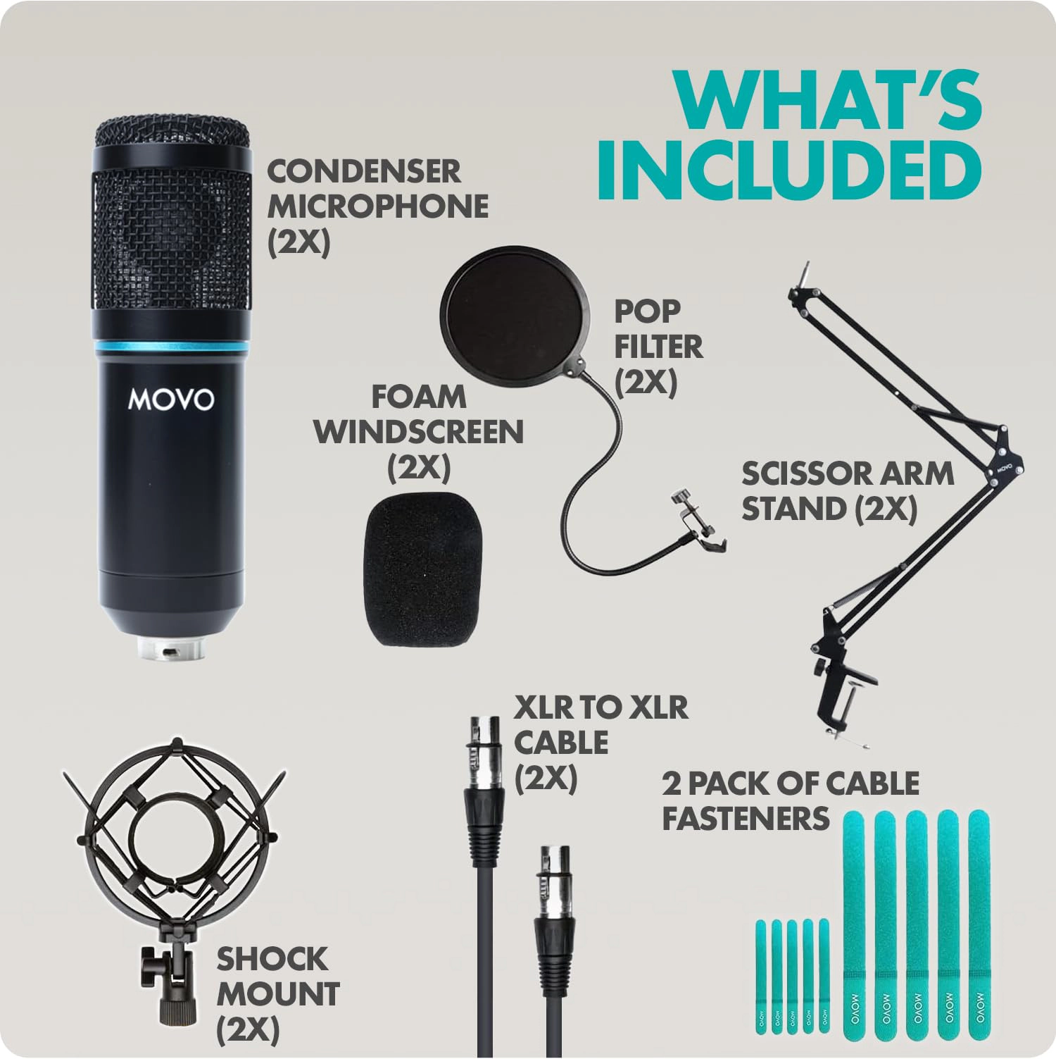 Movo PodPak2A 2-Pack Universal Cardioid Condenser Microphone Kit with Articulating Scissor Arm Mic Stand, Shock Mount